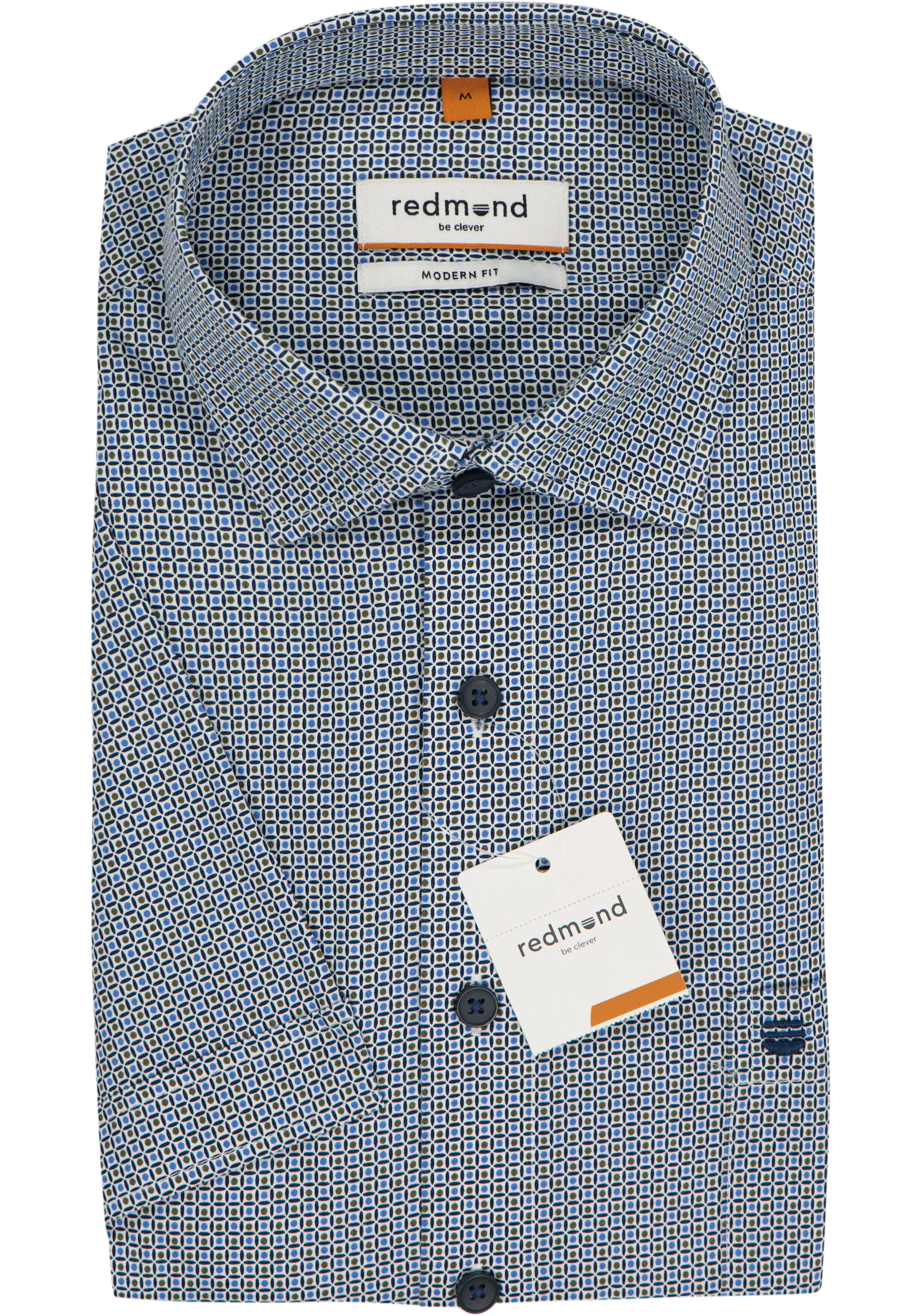 Redmond modern fit overhemd, korte mouw, popeline, blauw met bruin en wit dessin