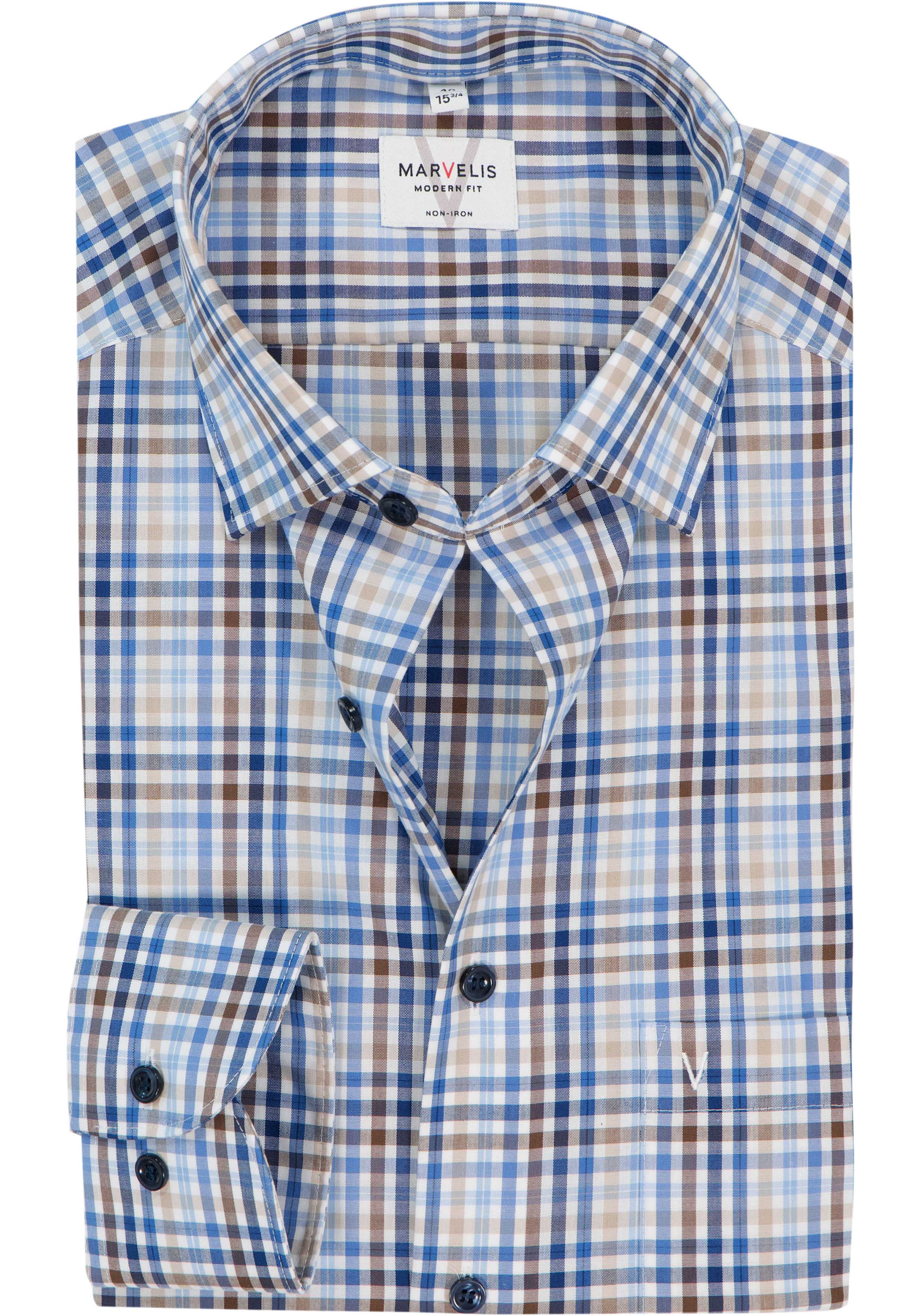 MARVELIS modern fit overhemd, popeline, wit met blauw, beige en bruin geruit