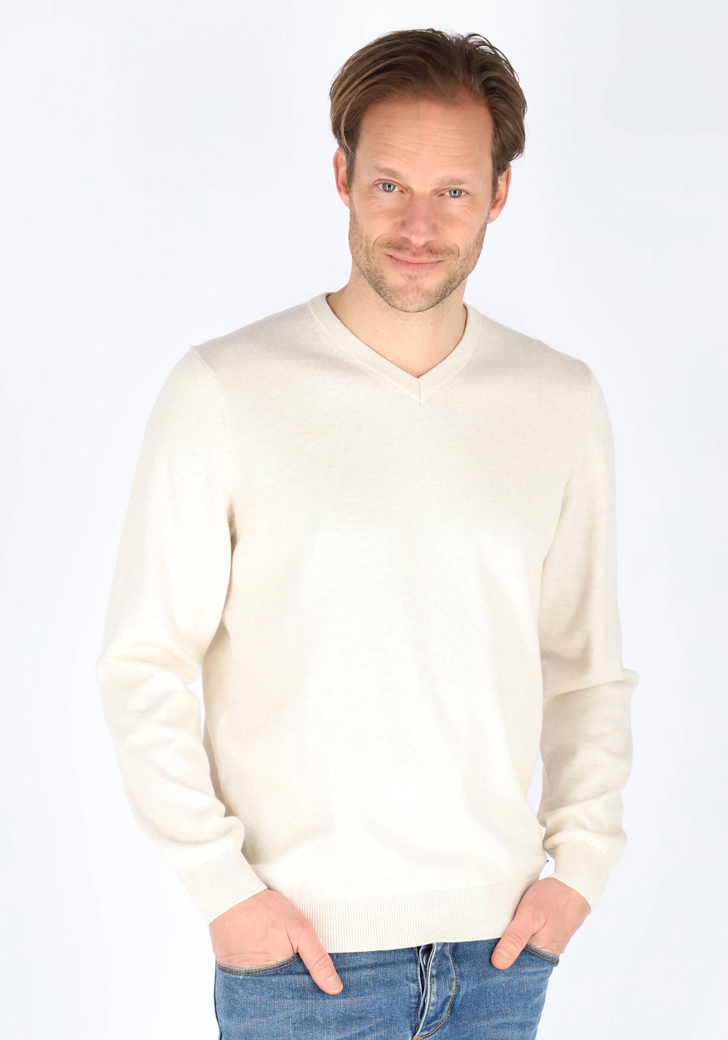 MARVELIS modern fit trui katoen, V-hals, ecru