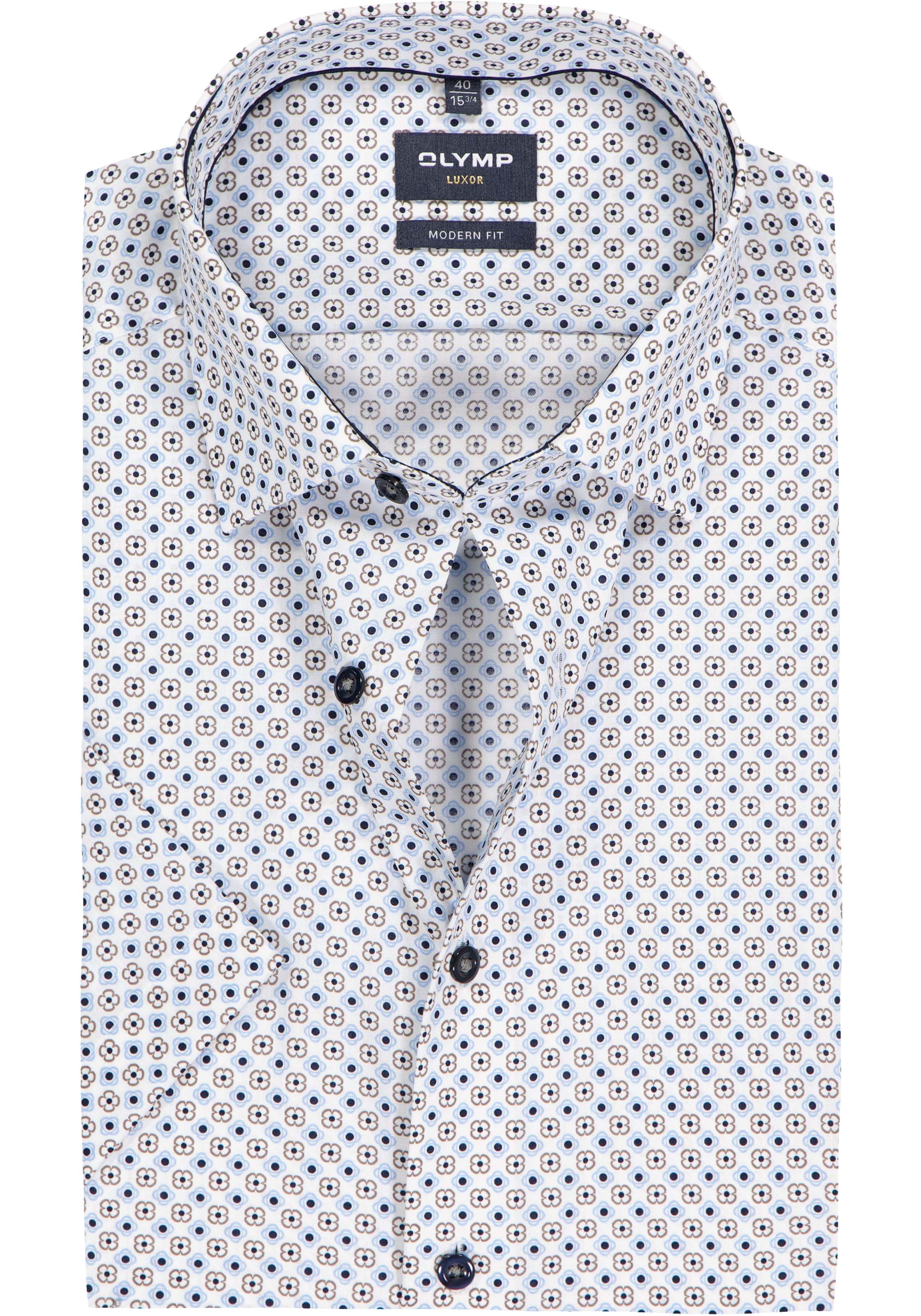 OLYMP Luxor modern fit overhemd, korte mouw, dobby, wit met blauw dessin