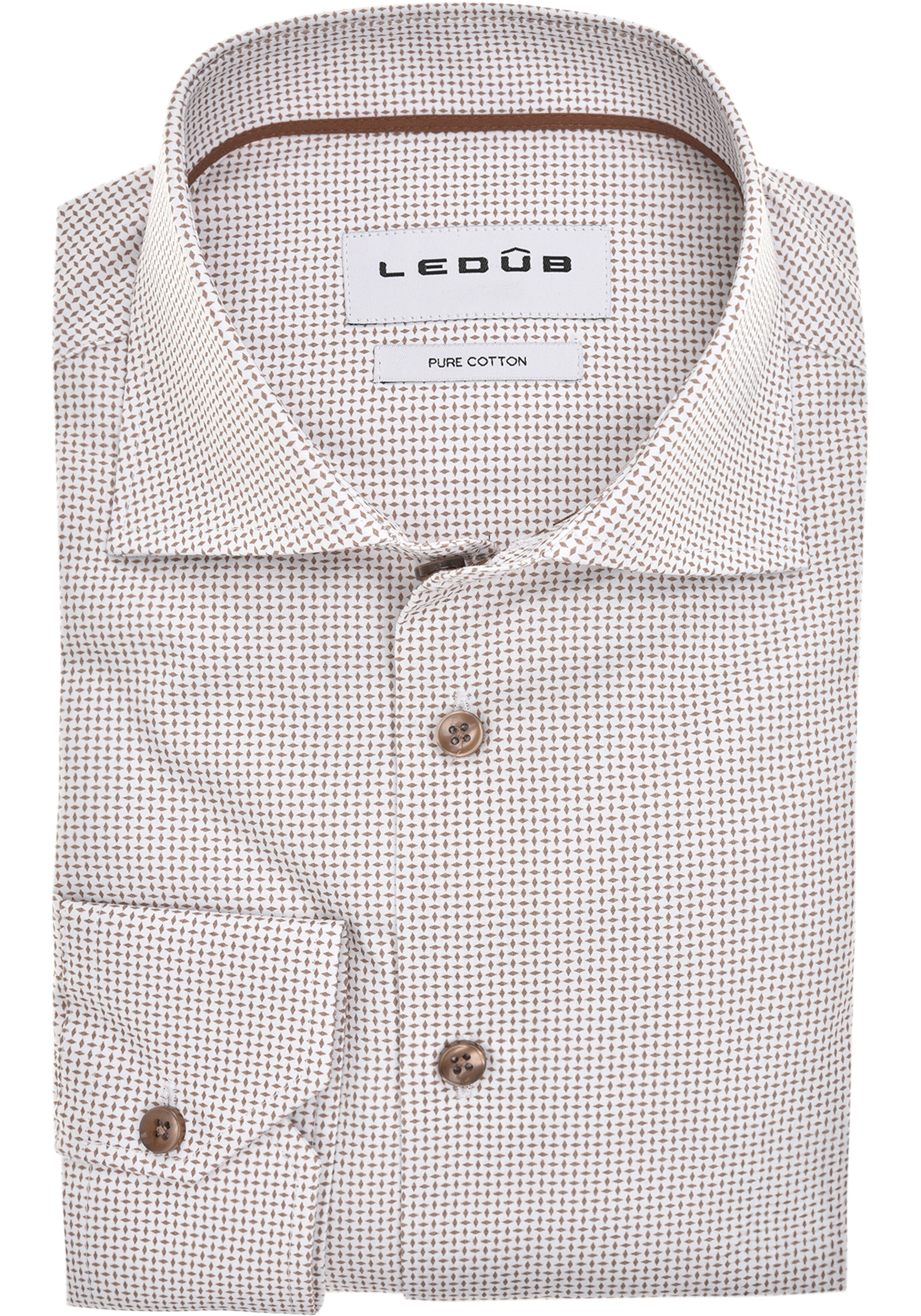 Ledub modern fit overhemd, popeline, wit met bruin mini dessin