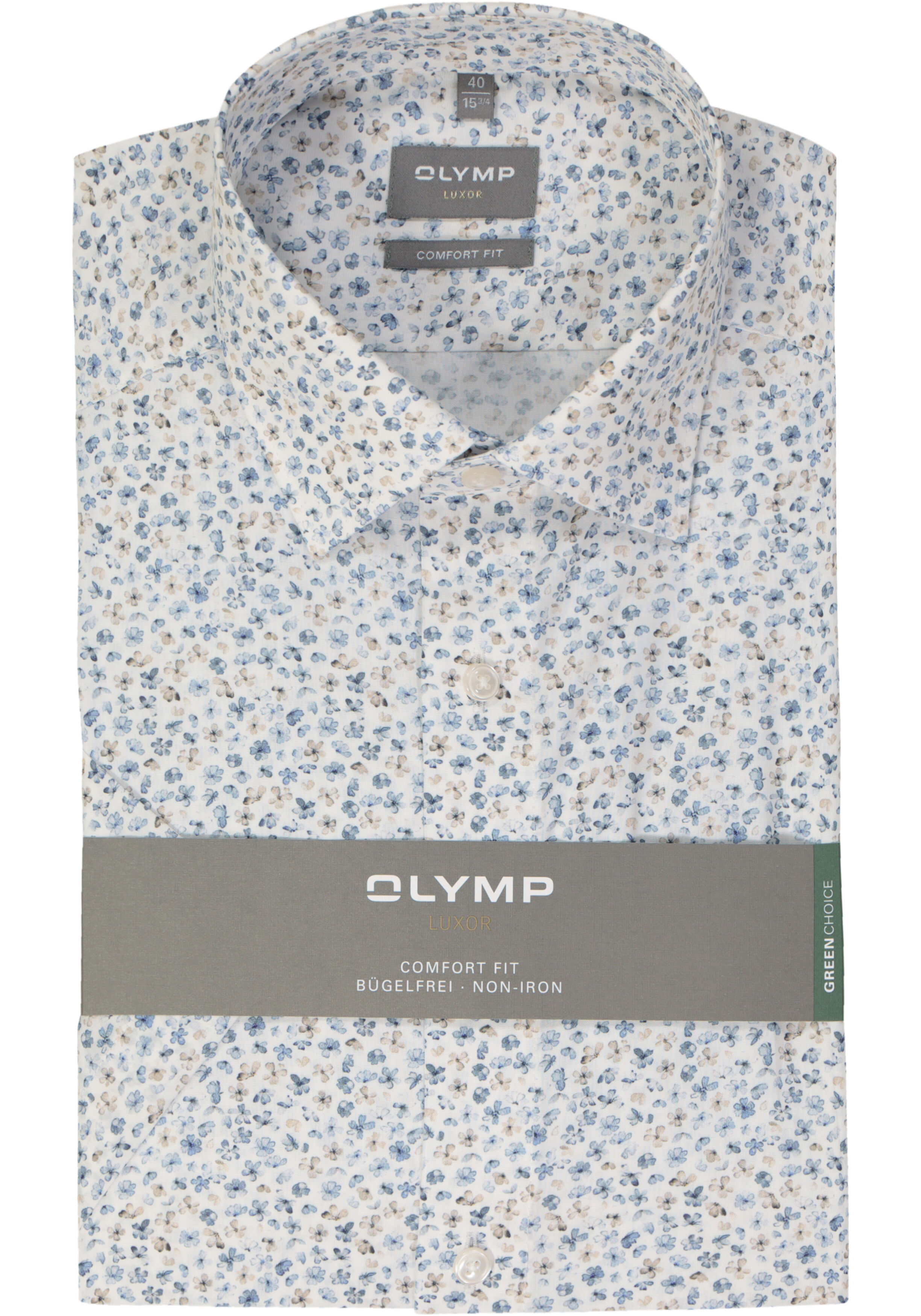 OLYMP comfort fit overhemd, korte mouw, popeline, wit bloemetjes dessin