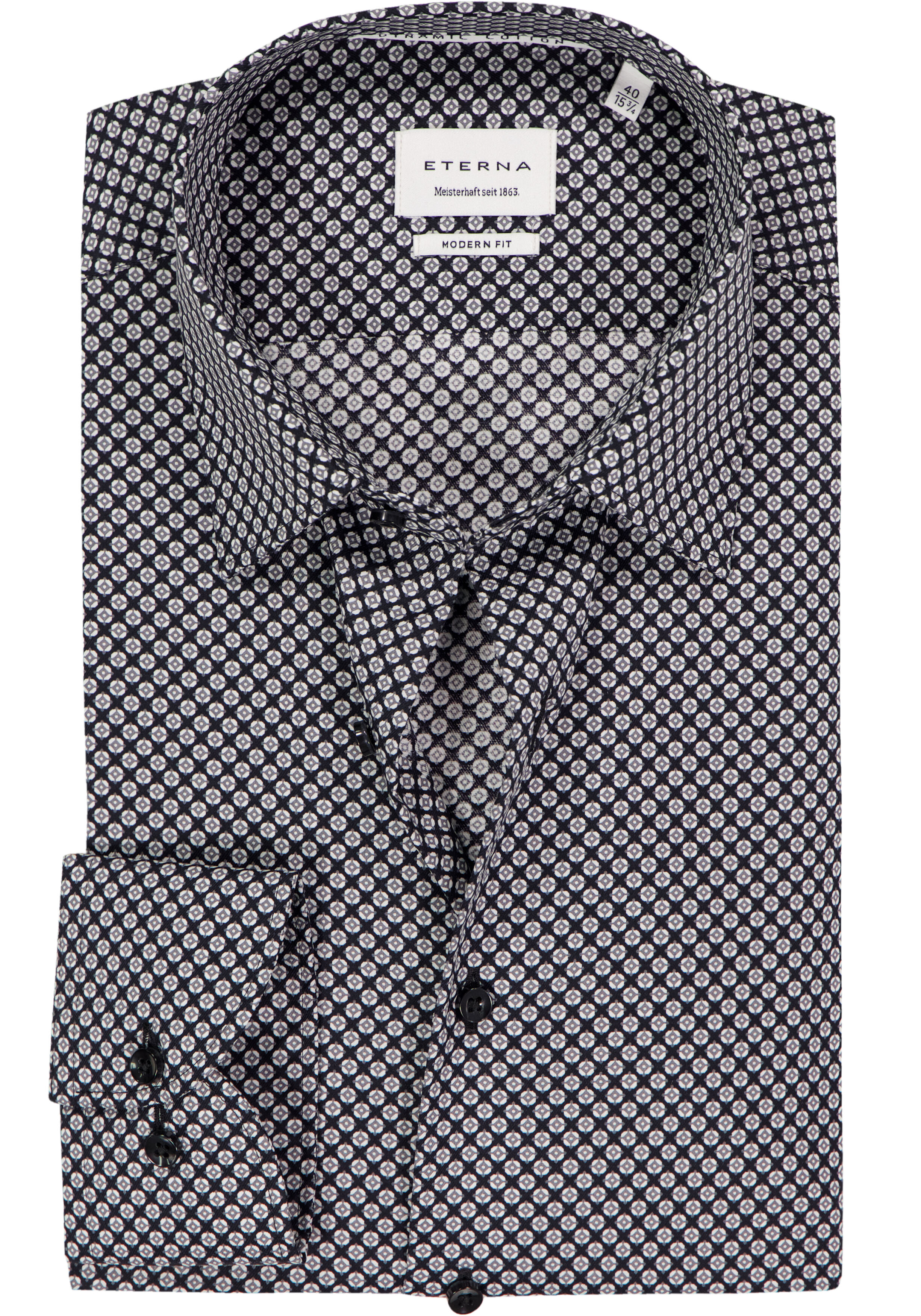 ETERNA modern fit overhemd, twill, zwart met grijs en wit dessin