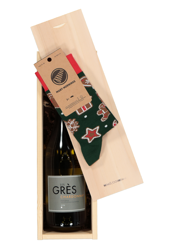 Heren en dames Kerst cadeaubox: witte wijn met Many Mornings Gingerbread man Socks Heren en dames Kerst cadeaubox: witte wijn met Many Mornings Gingerbread man Socks