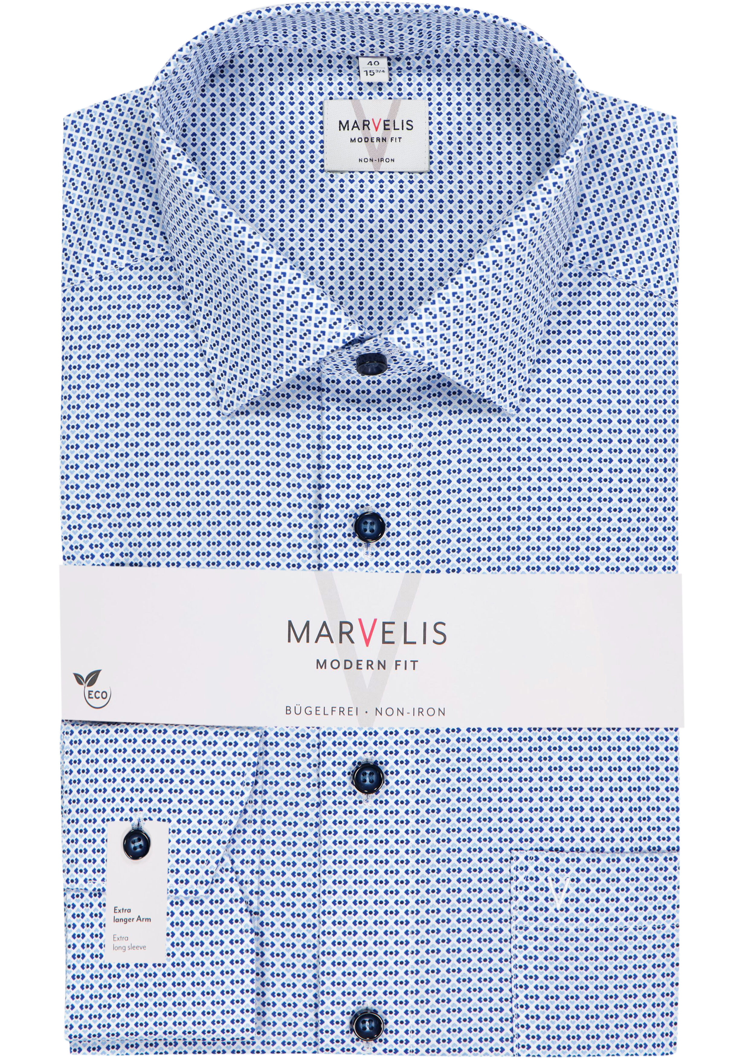MARVELIS modern fit overhemd, mouwlengte 7, popeline, wit met licht- en donkerblauw dessin