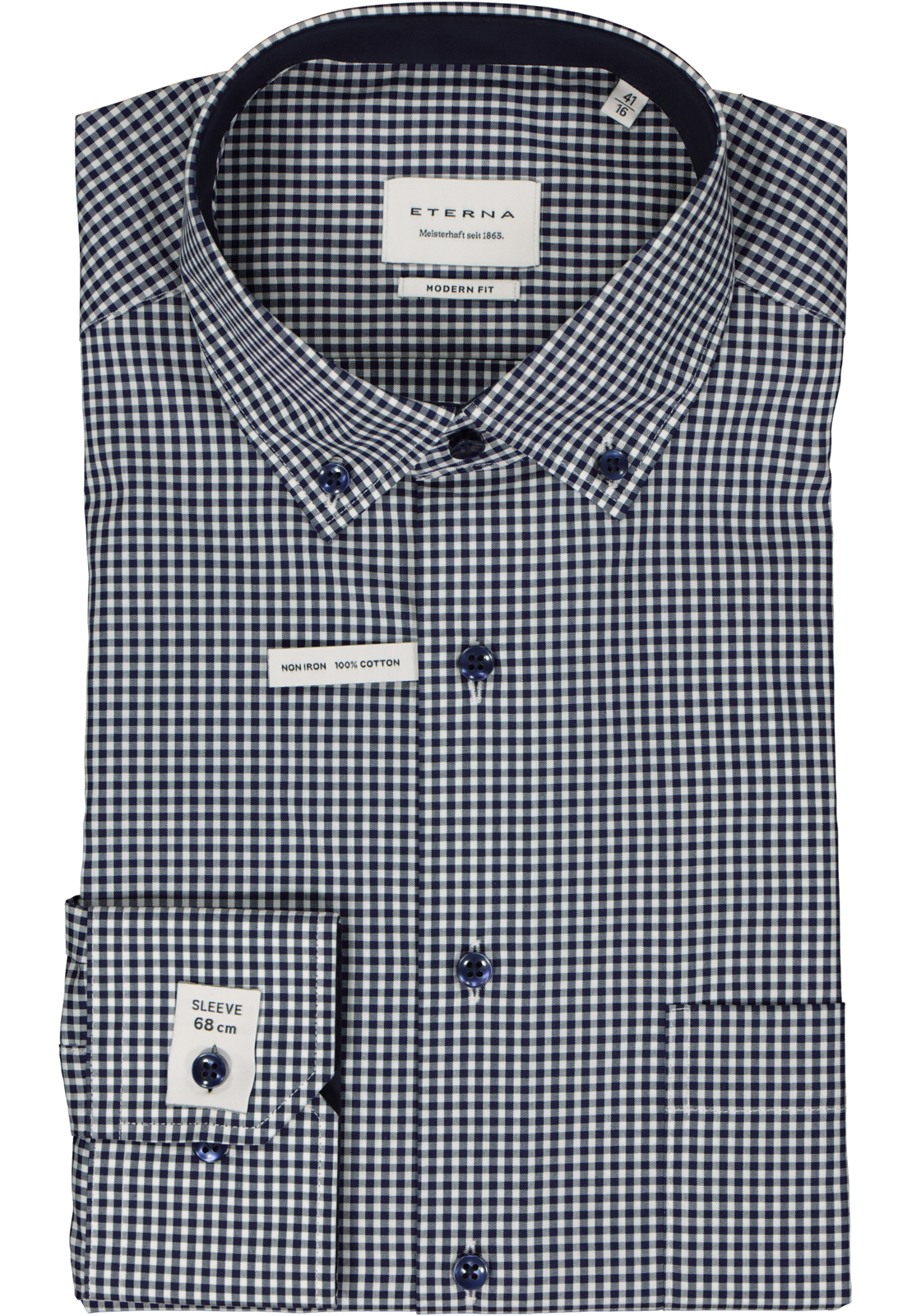2-4067159153946_eterna-overhemd_HR ETERNA modern fit overhemd mouwlengte 7, popeline, middenblauw met wit geruit (contrast)