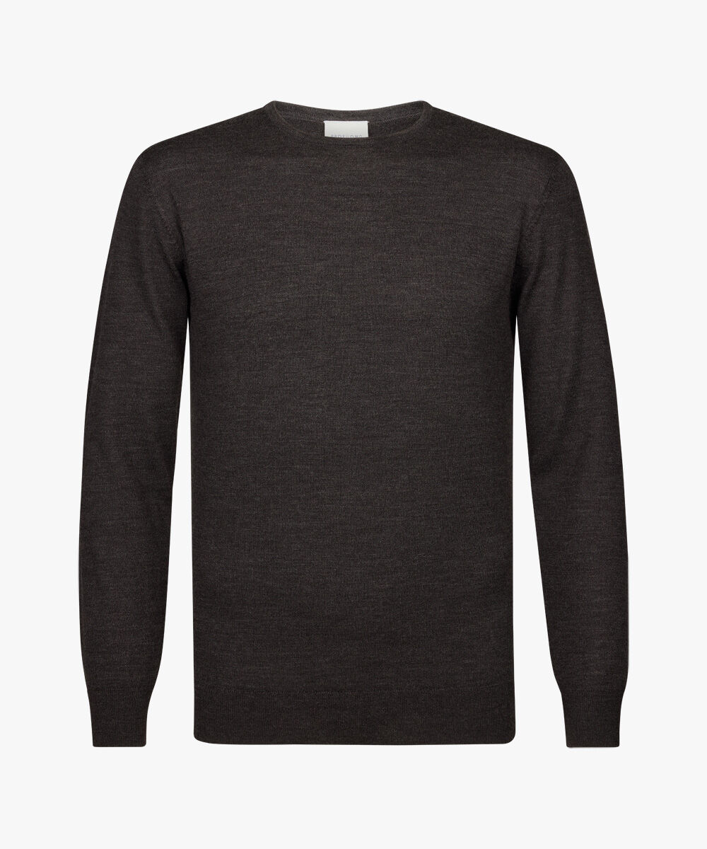 Profuomo heren trui wol, slim fit trui met O-hals, bruin