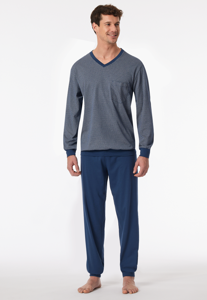 SCHIESSER Cotton Essentials Pyjama lang, heren pyjama set, blauw dessin