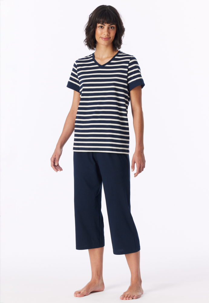 SCHIESSER dames Cotton Essentials Pyjama lang, dames pyjama set, nachtblauw gestreept
