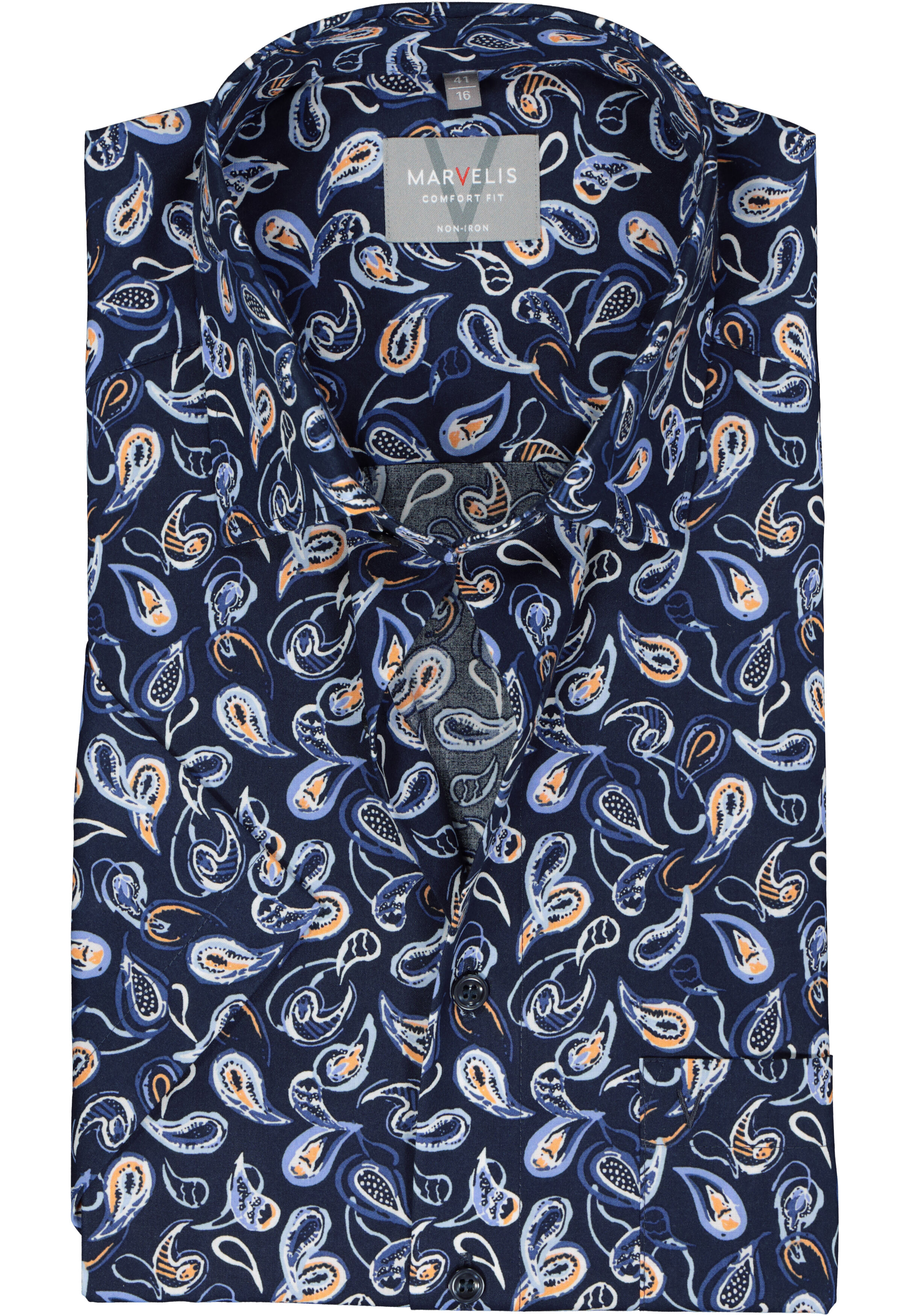 MARVELIS comfort fit overhemd, korte mouw, popeline, donkerblauw met wit, lichtblauw en oranje dessin