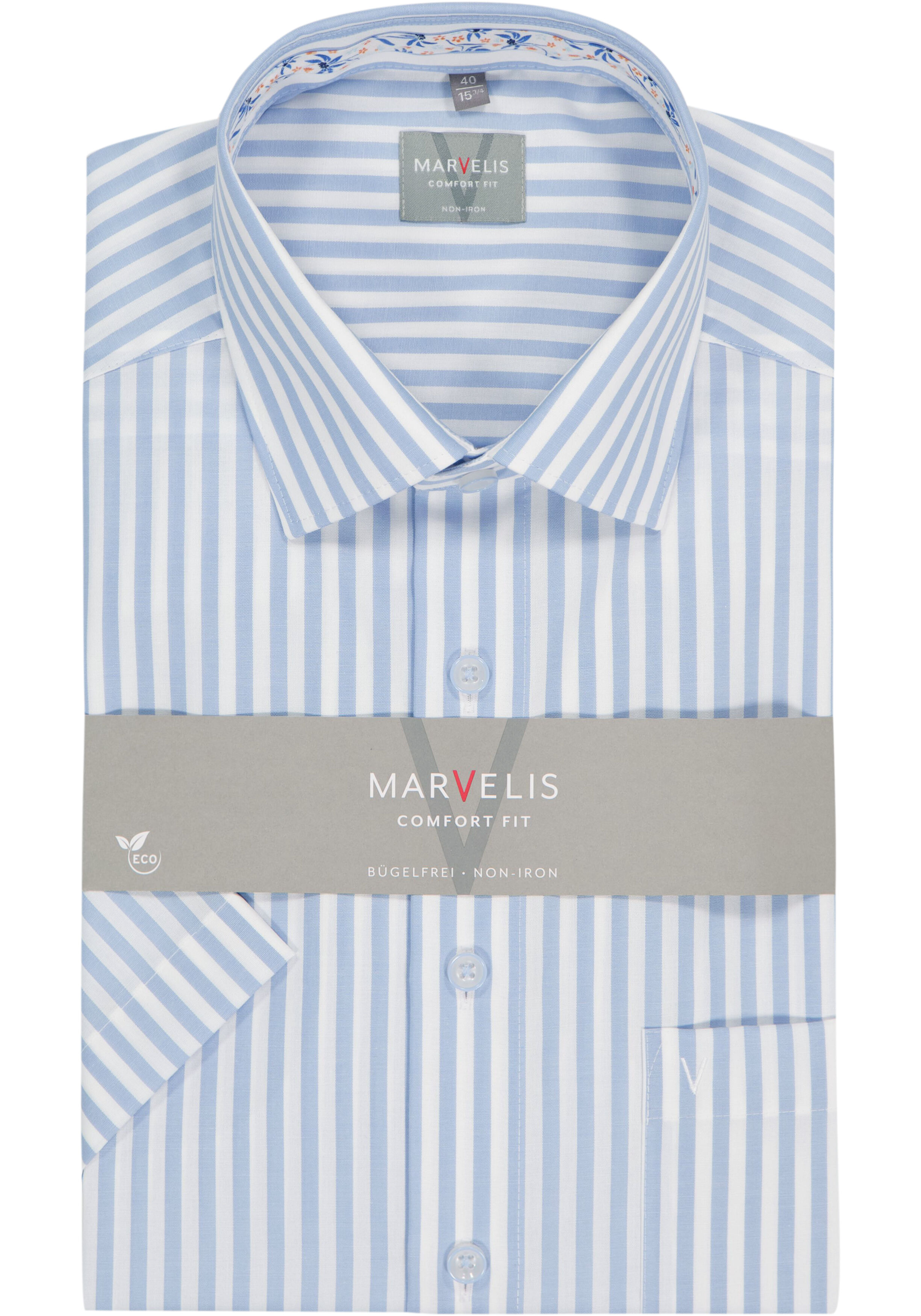 MARVELIS comfort fit overhemd, korte mouw, popeline, wit met lichtblauw gestreept