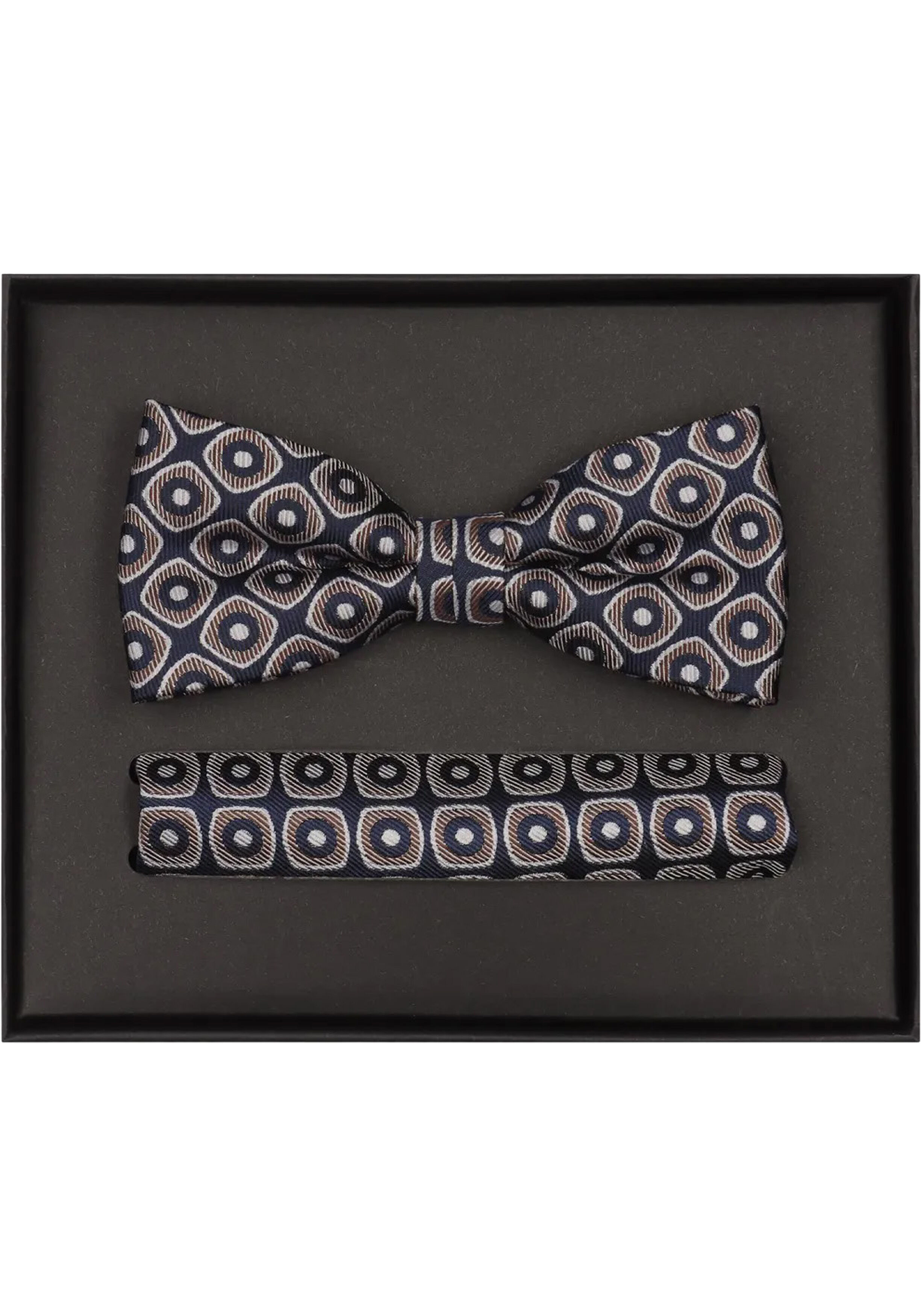VENTI set met vlinderdas en pochet, donkerblauw, bruin, wit dessin