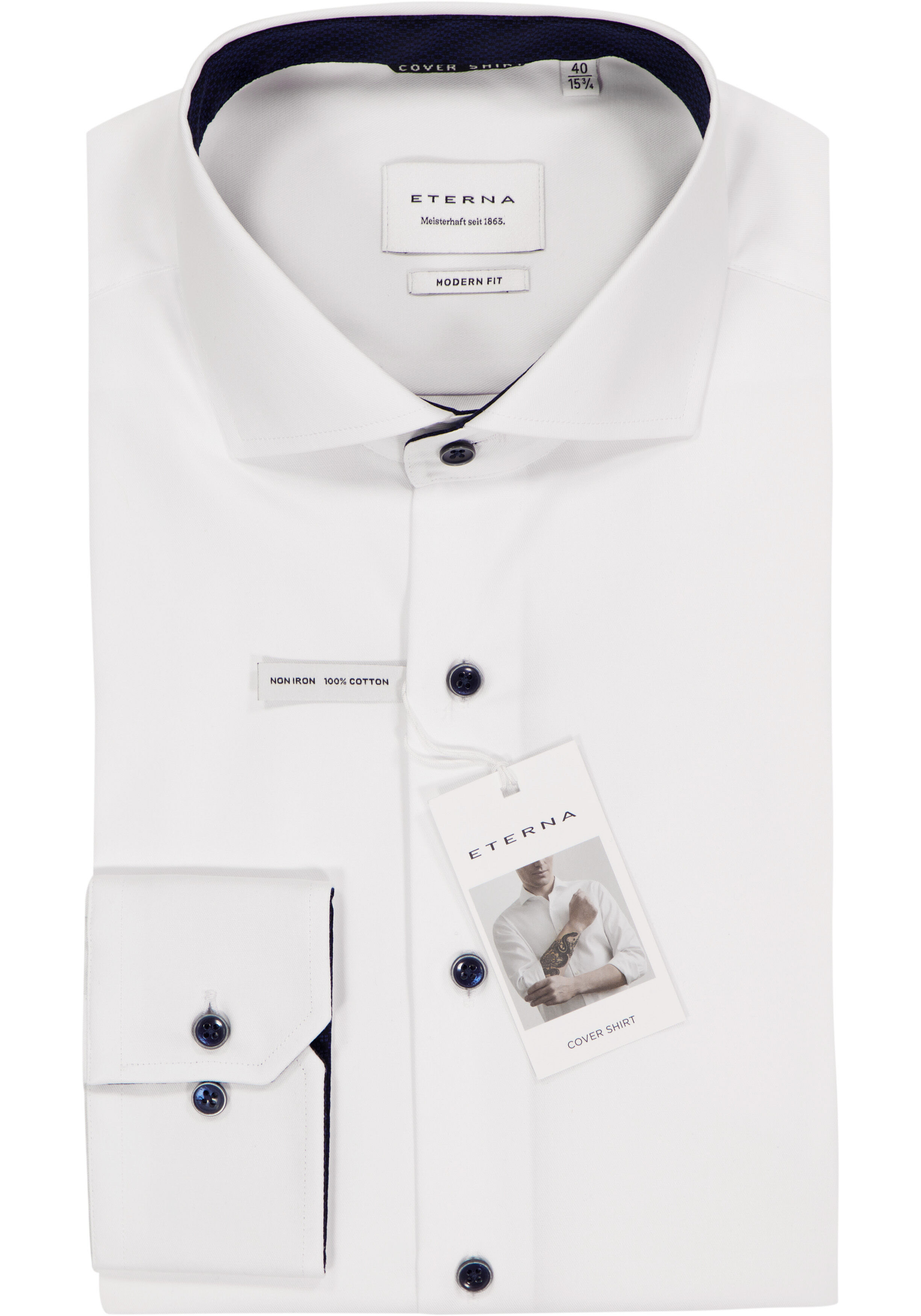ETERNA modern fit overhemd, niet doorschijnend twill heren overhemd, wit (donkerblauw contrast)