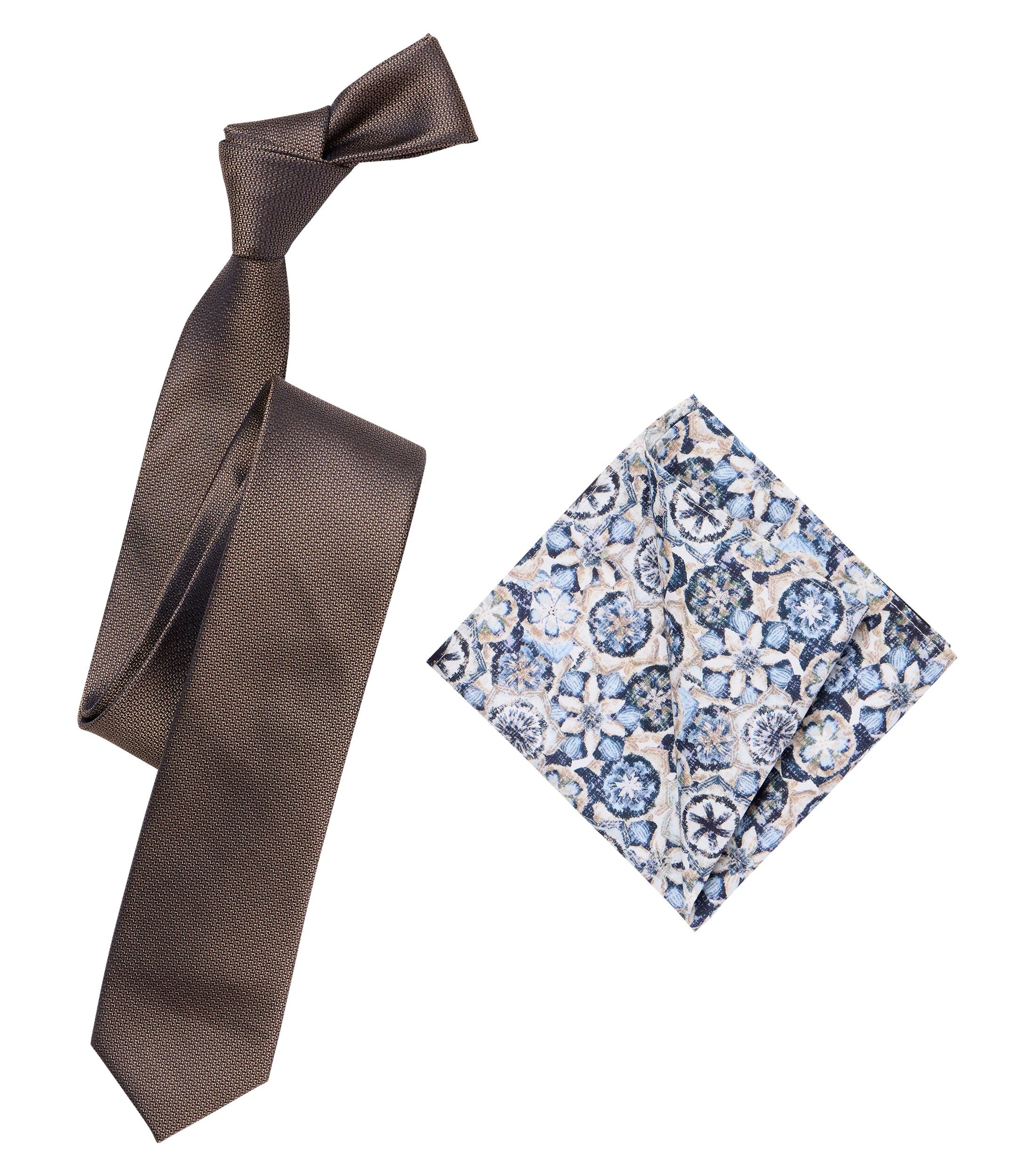 VENTI set met stropdas en pochet, bruin, blauw, wit dessin
