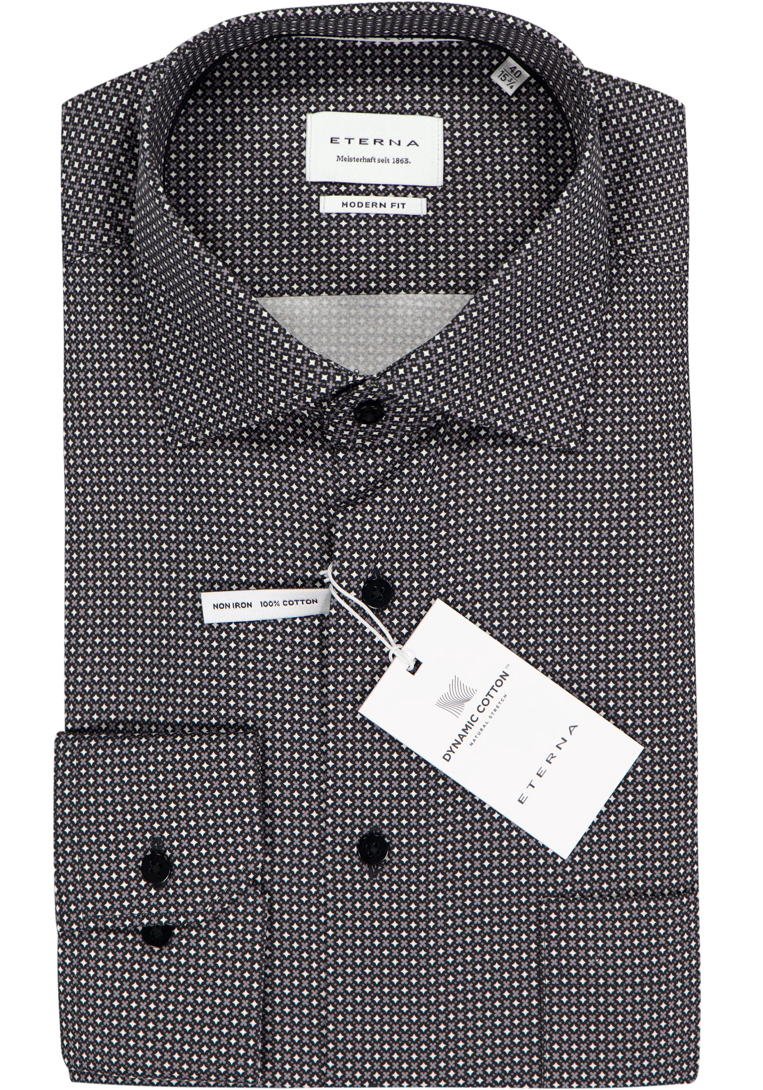 ETERNA modern fit overhemd, twill, zwart met grijs en wit dessin