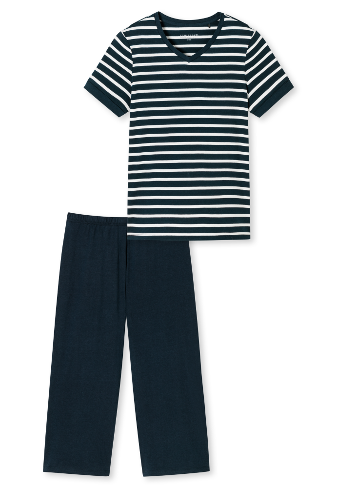 SCHIESSER dames Cotton Essentials Pyjama lang, dames pyjama set, nachtblauw gestreept