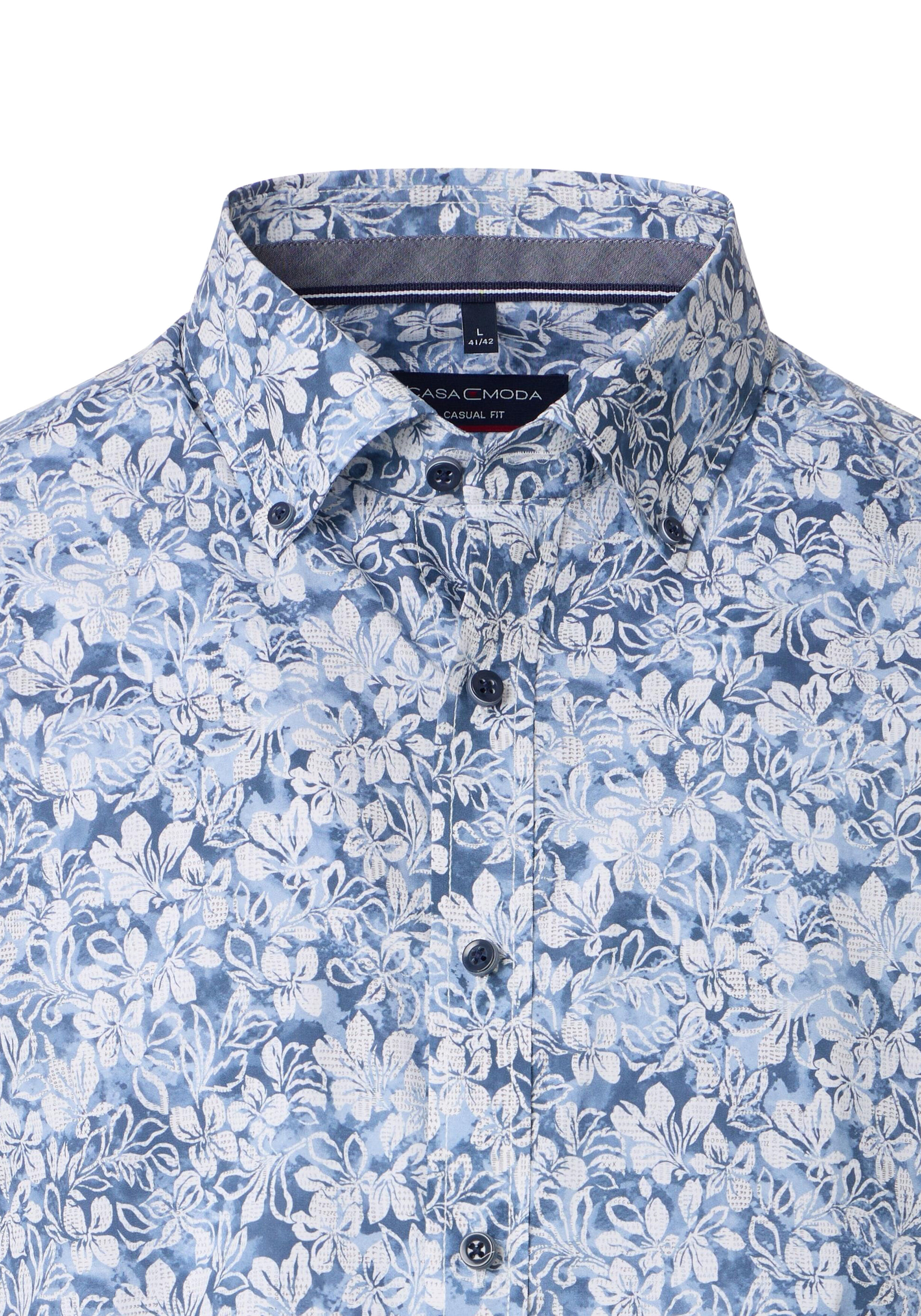 CASA MODA Sport casual fit overhemd, korte mouw, popeline, blauw met wit bloemen dessin