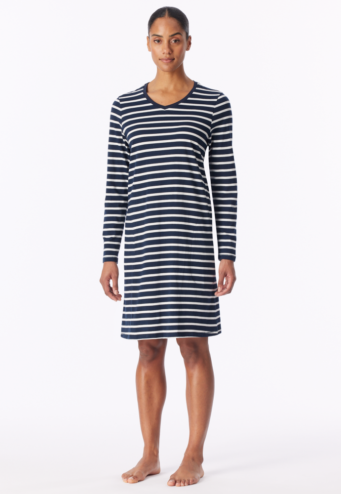 SCHIESSER dames Cotton Essentials Nachthemd lang, dames nachthemd, nachtblauw gestreept