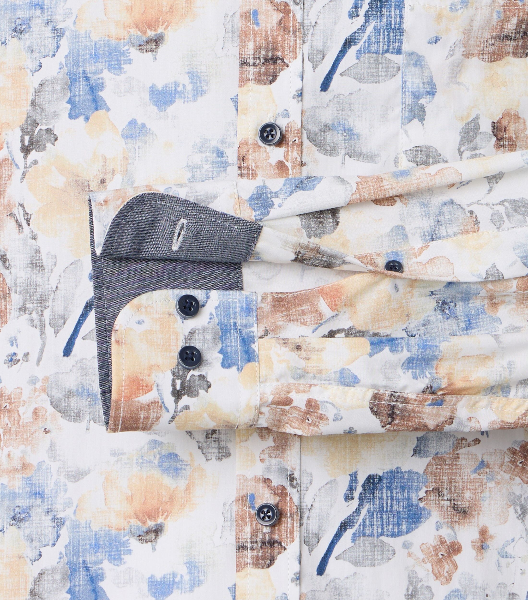 CASA MODA Sport casual fit overhemd, popeline, wit met geel, blauw en bruin bloemen dessin