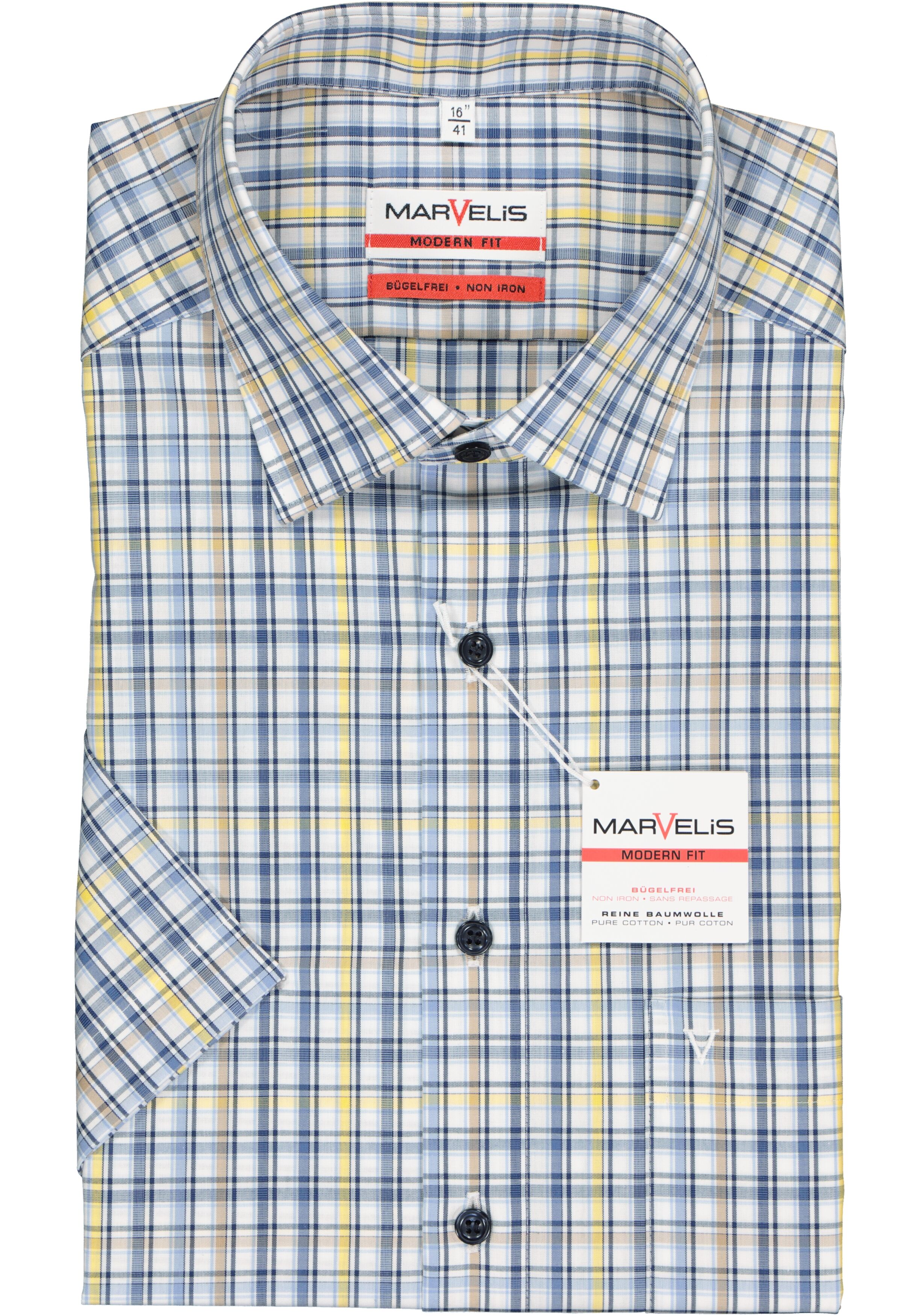 MARVELIS modern fit overhemd, korte mouw, popeline, wit met blauw en geel geruit
