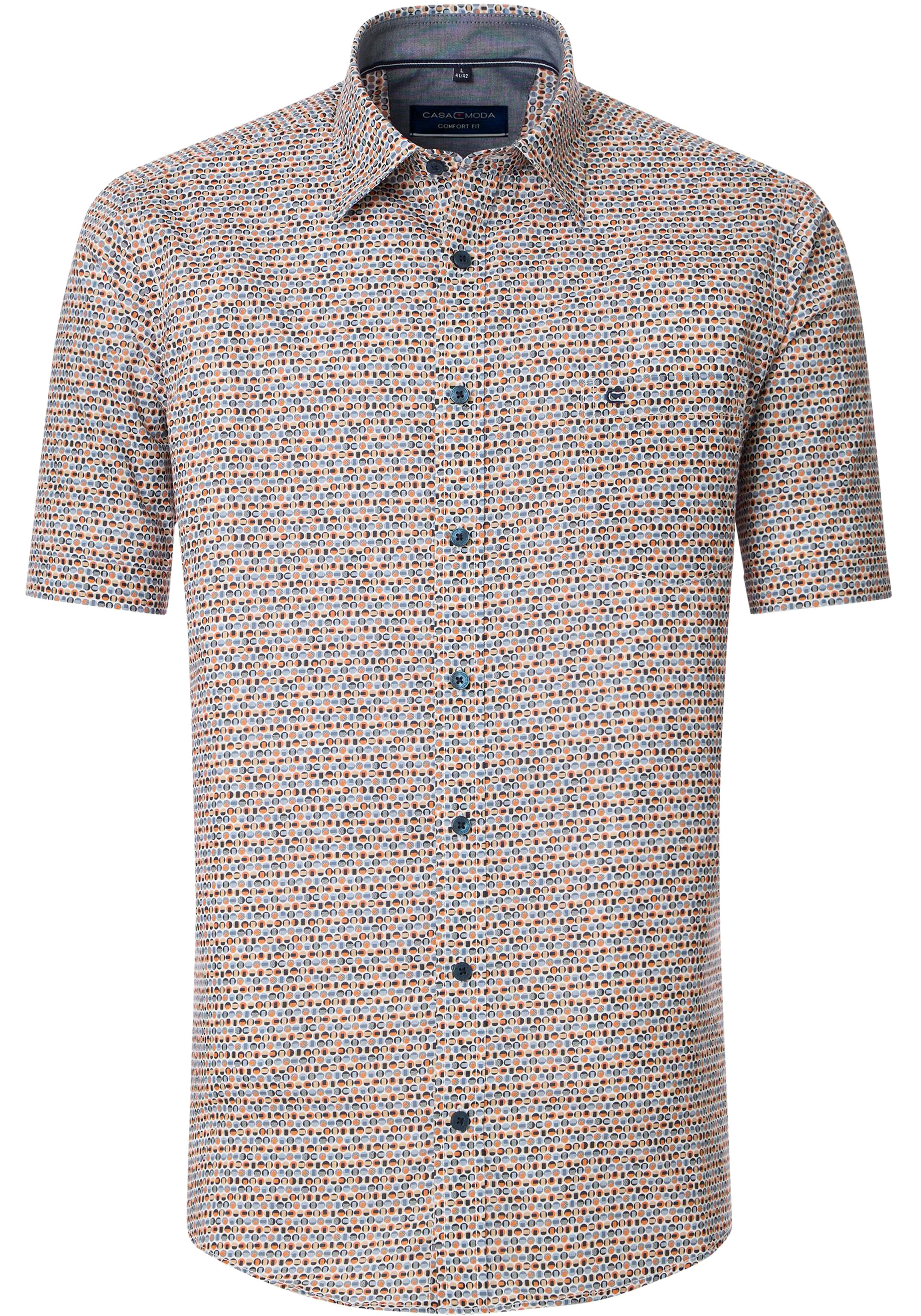 CASA MODA Sport comfort fit overhemd, korte mouw, popeline, blauw, wit, beige en oranje dessin
