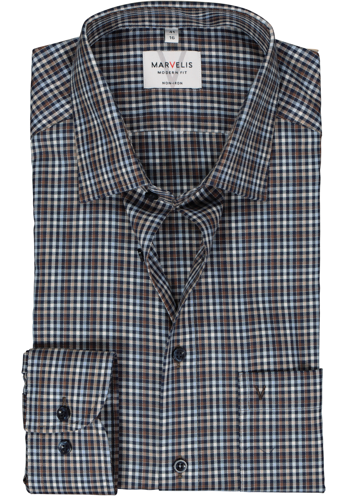 1-4062534744191_marvelis-overhemd_HR MARVELIS modern fit overhemd, twill, blauw, wit en bruin geruit