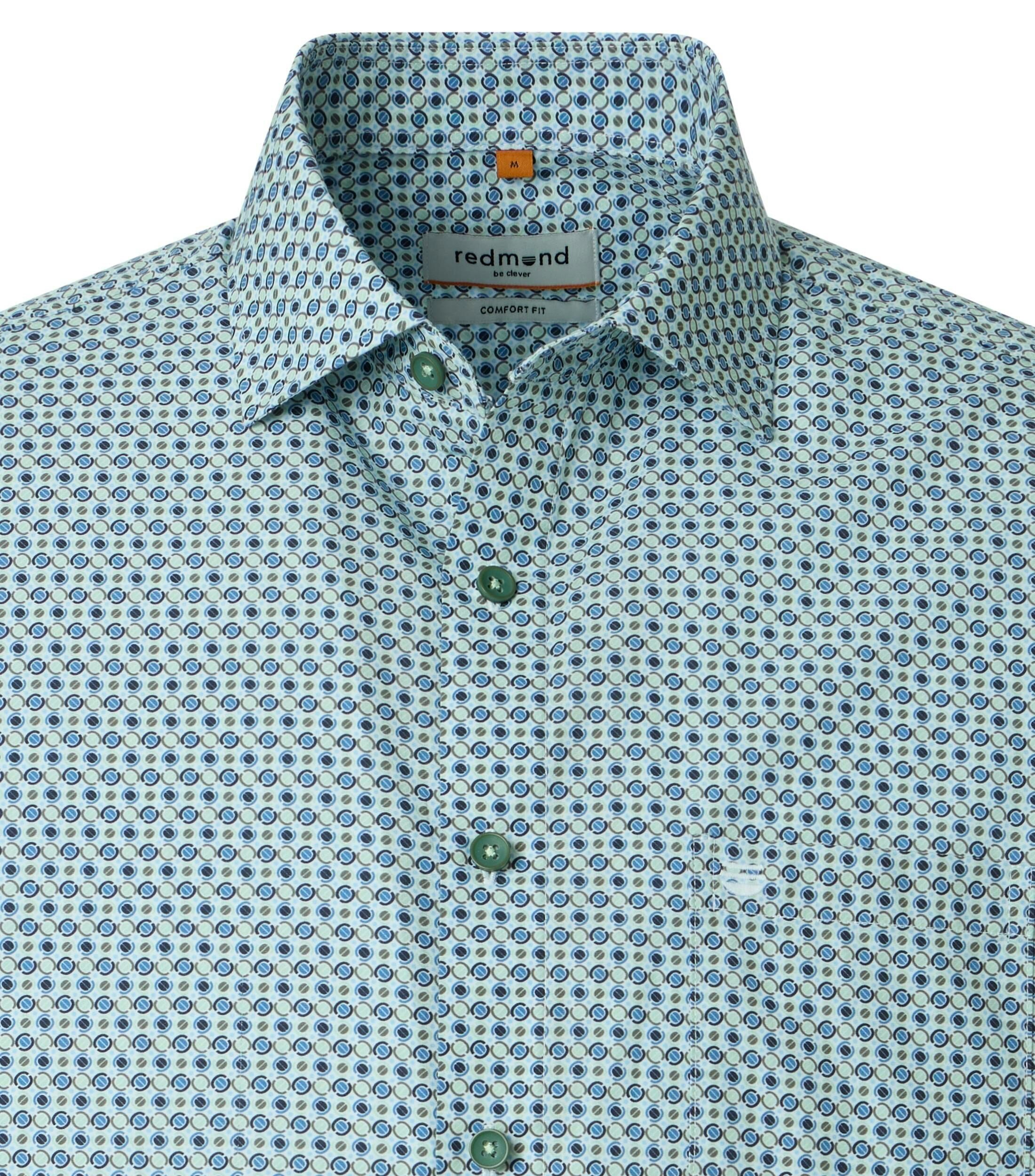 Redmond comfort fit overhemd, korte mouw, popeline, wit met licht- en donkerblauw met groen dessin