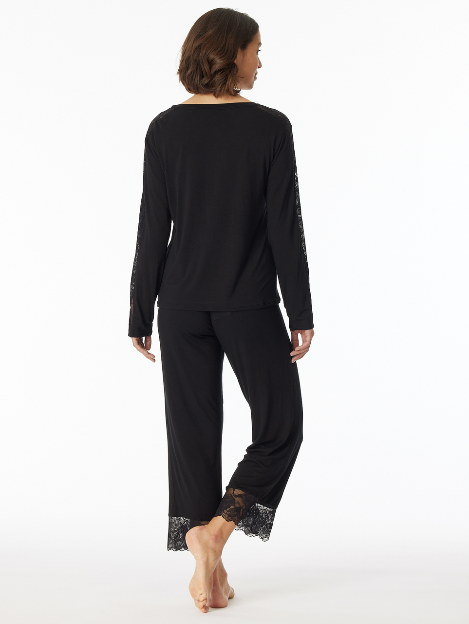 SCHIESSER Sensual Premium pyjamaset, dames pyjama lang 7/8 broek modal kant zwart