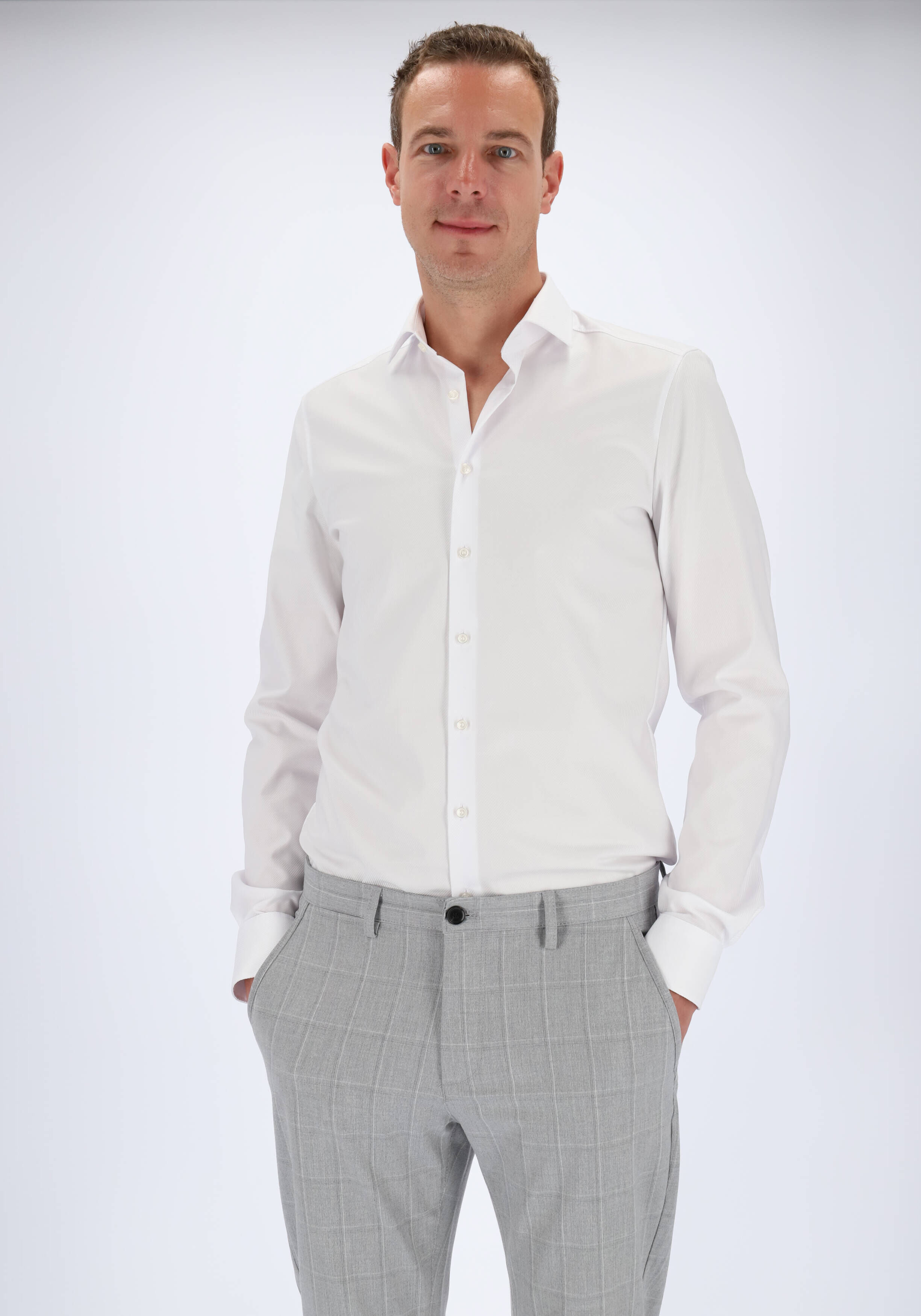 OLYMP Level 5 body fit overhemd, mouwlengte 7, wit diamant twill