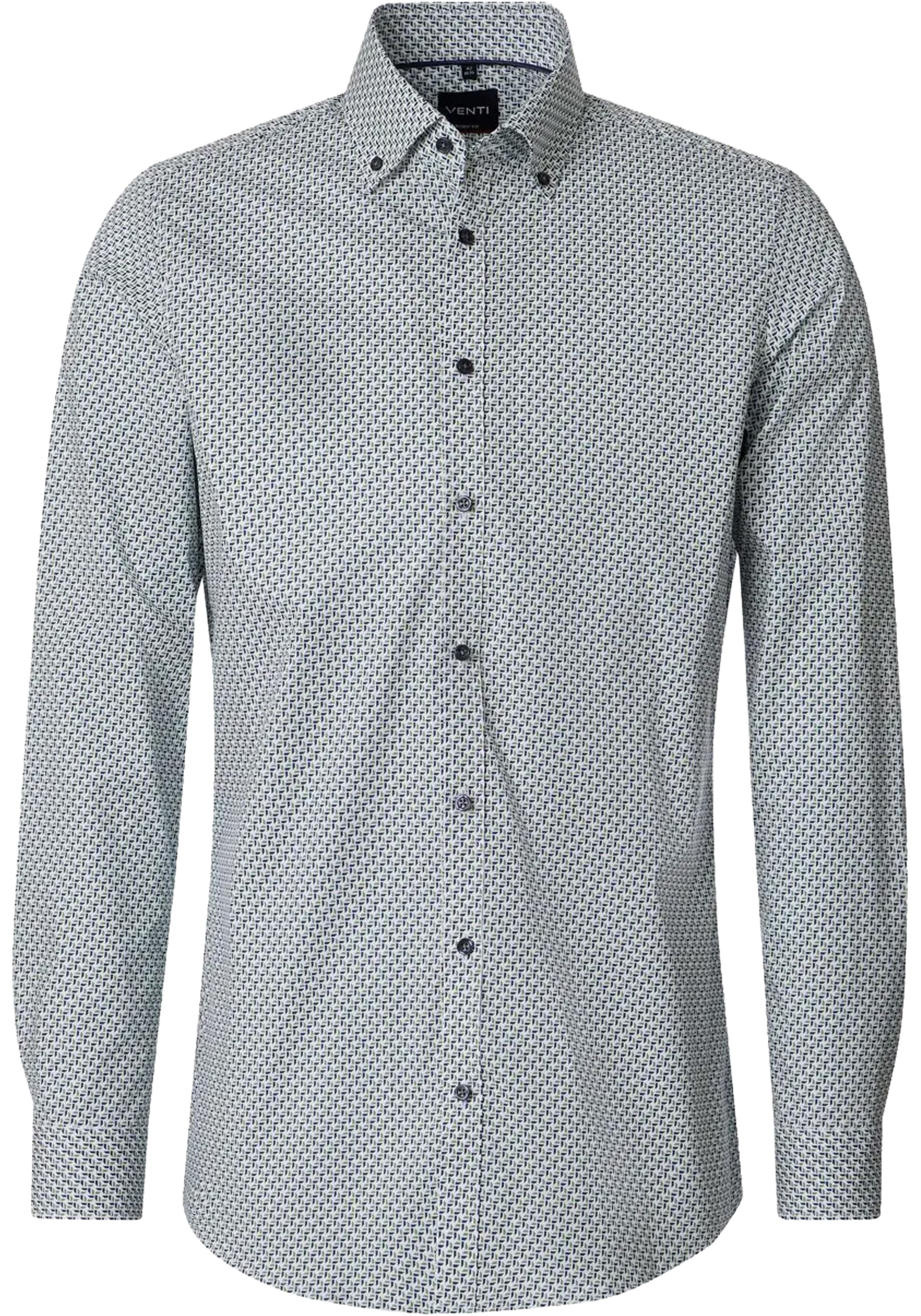 VENTI body fit overhemd, popeline, wit, blauw, groen dessin