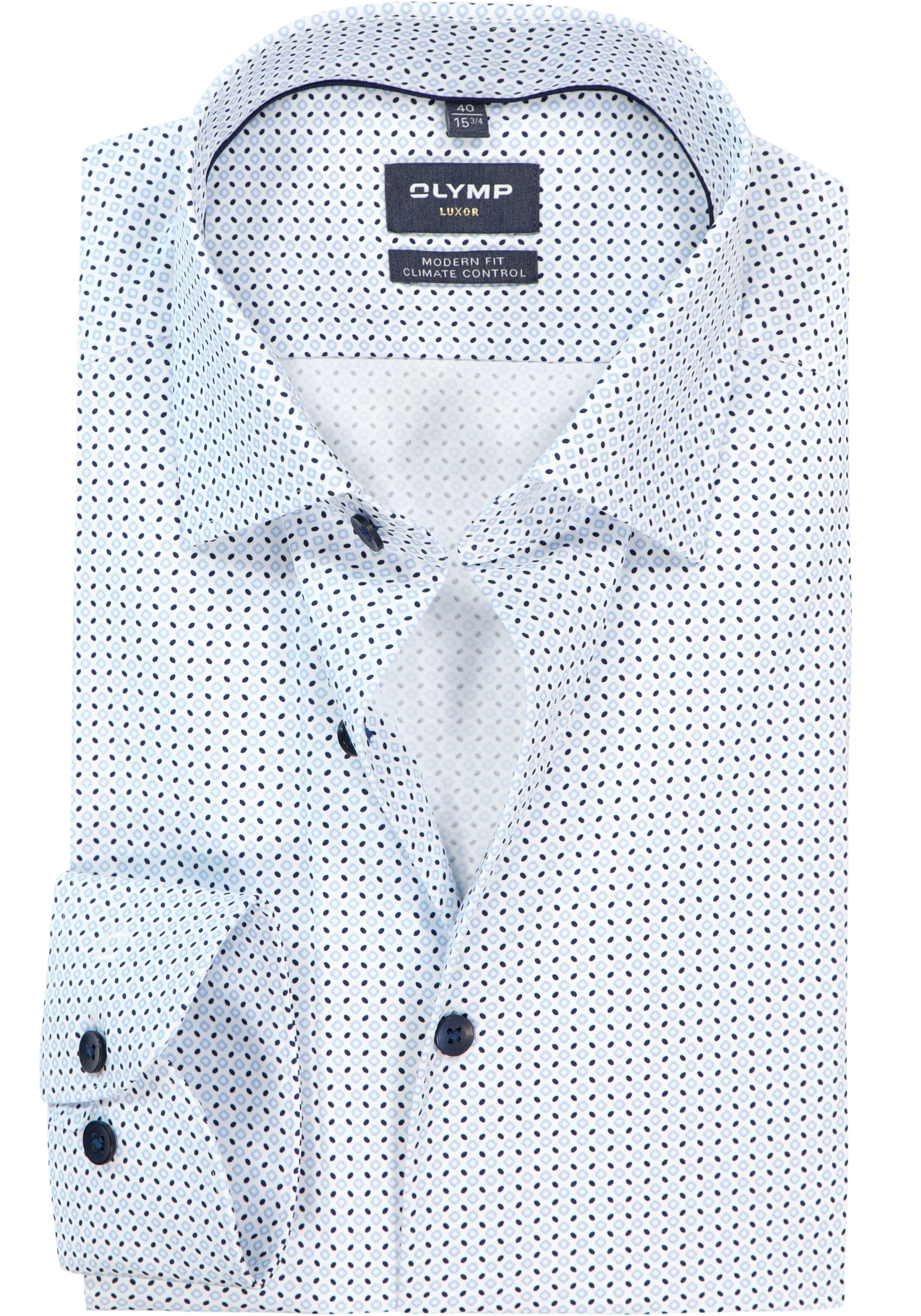 OLYMP 24/7 Luxor modern fit overhemd, dobby, wit met blauw dessin