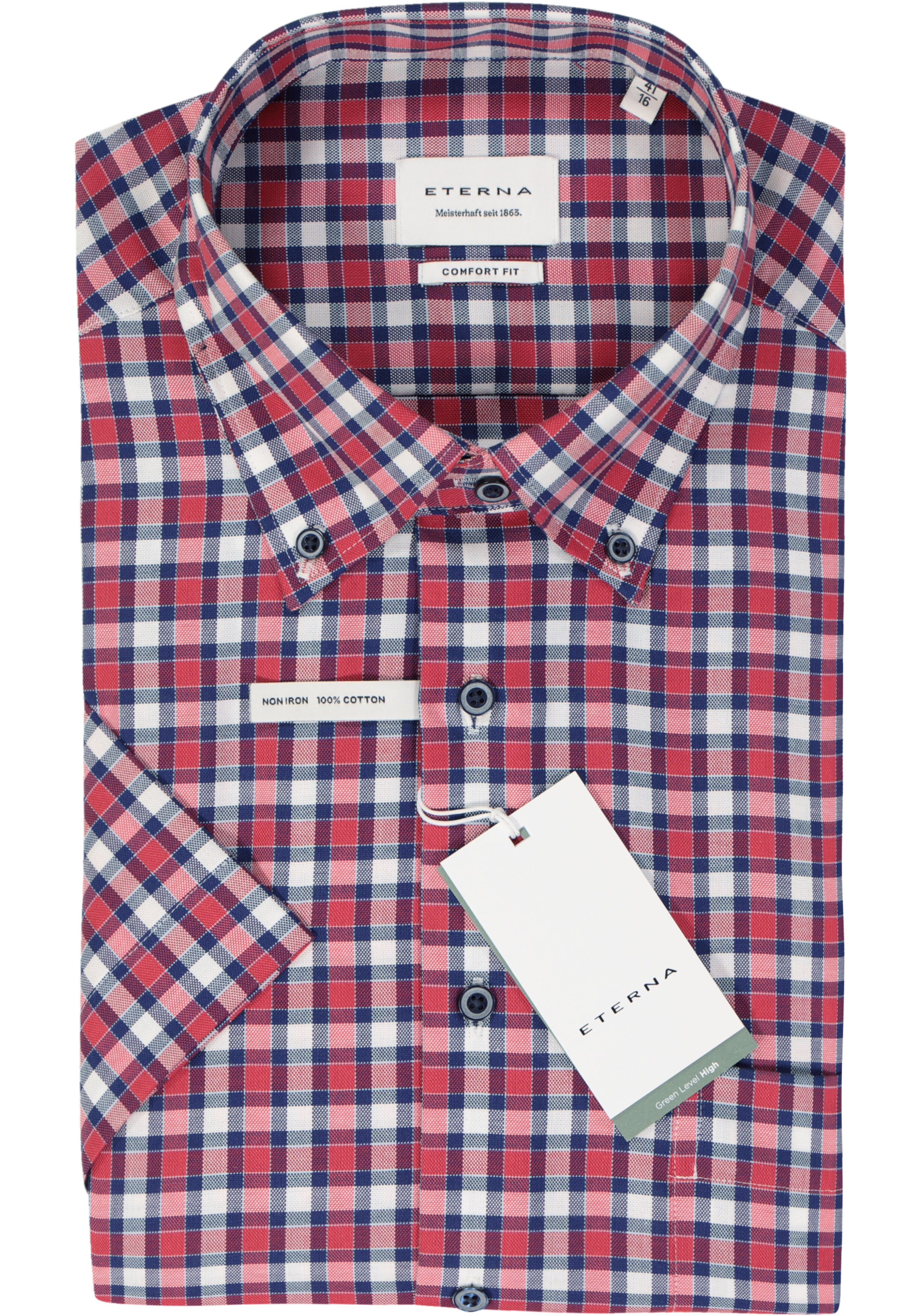 ETERNA comfort fit overhemd korte mouw, popeline, rood, wit, blauw geruit