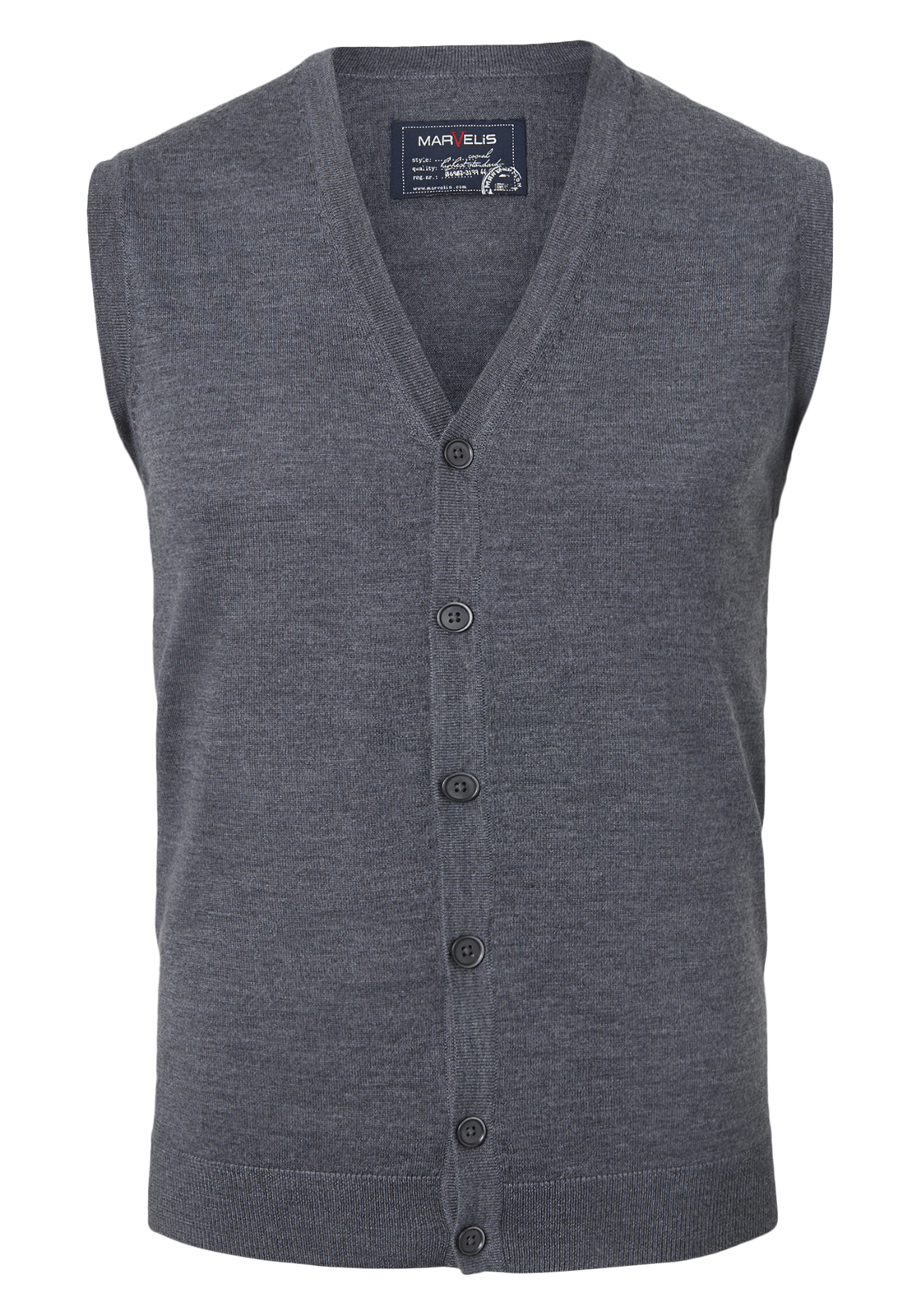 marvelis_trui63242867 MARVELIS heren vest mouwloos, wol, V-hals, antraciet grijs melange