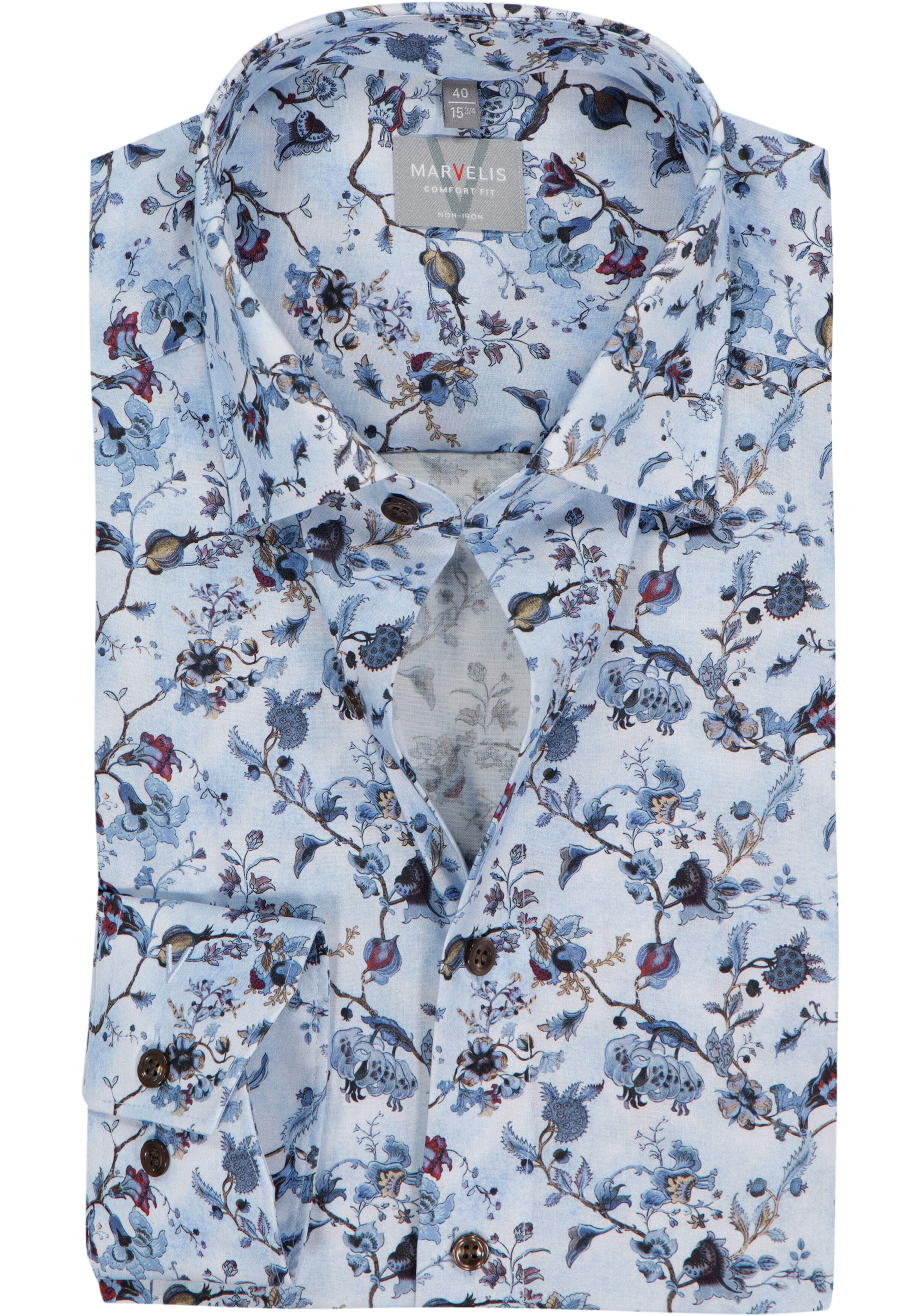 MARVELIS comfort fit overhemd, popeline, lichtblauw met donkerblauw en bordeaux bloemen dessin