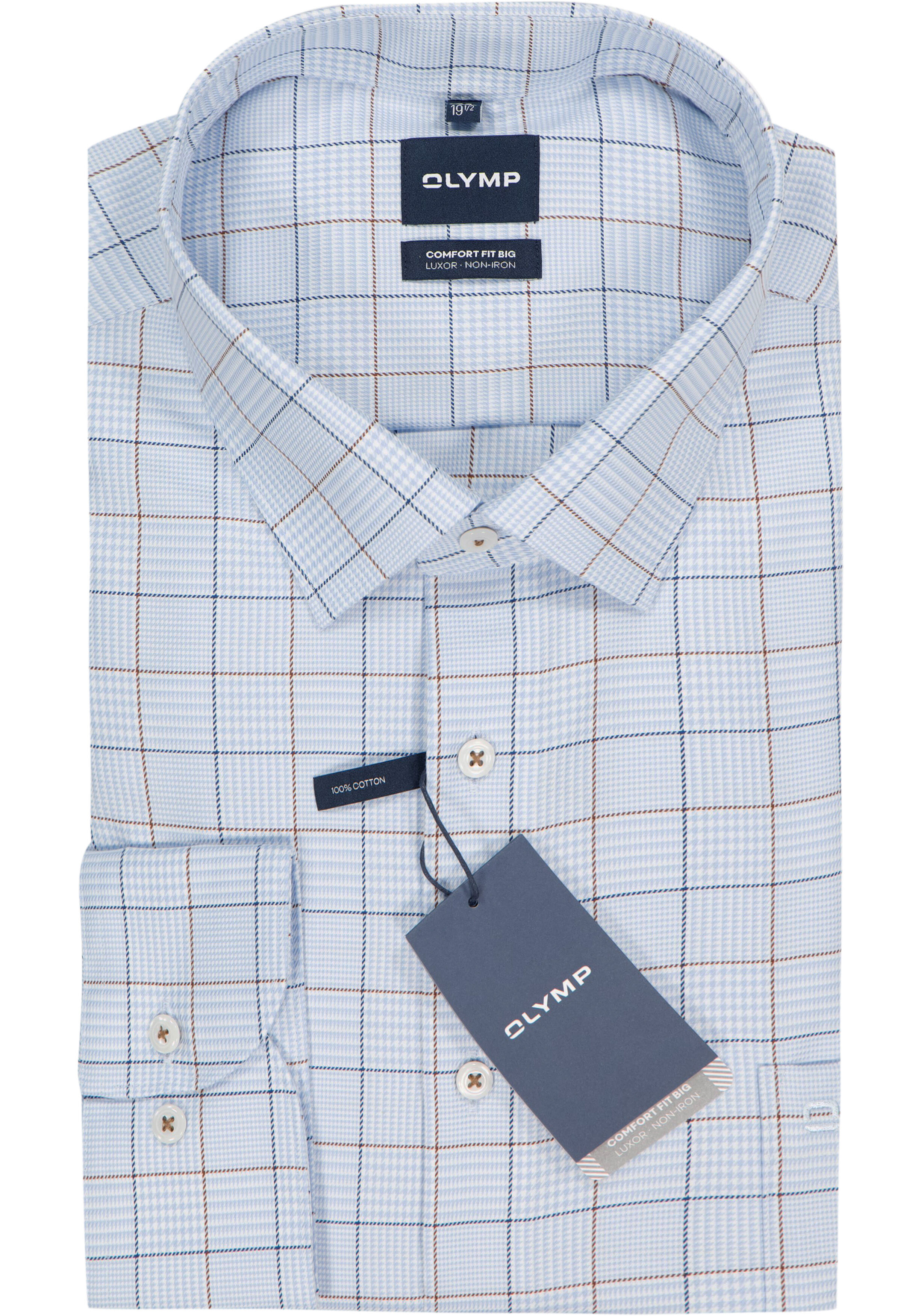 OLYMP Luxor comfort fit Big overhemd, popeline, lichtblauw met bruin en donkerblauw en wit geruit