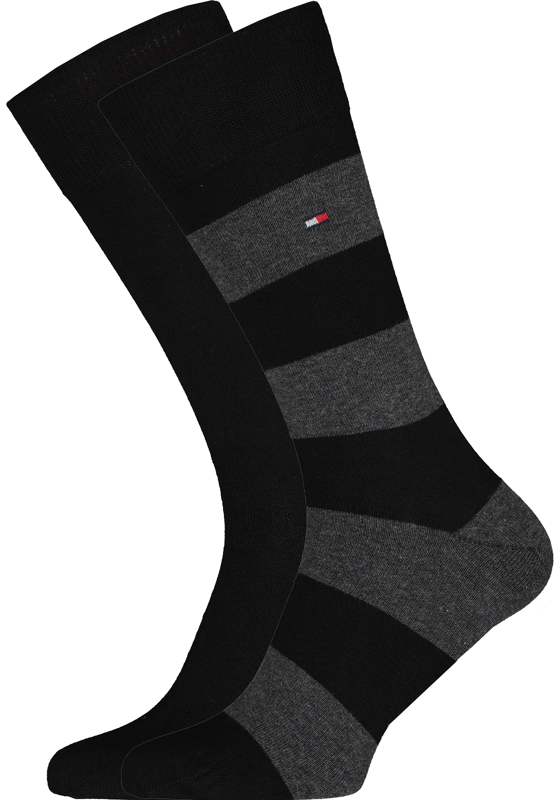 Tommy Hilfiger Rugby Stripe Socks (2-pack), herensokken katoen gestreept en uni, zwart met grijs Tommy Hilfiger Rugby Stripe Socks (2-pack), herensokken katoen gestreept en uni, zwart met grijs