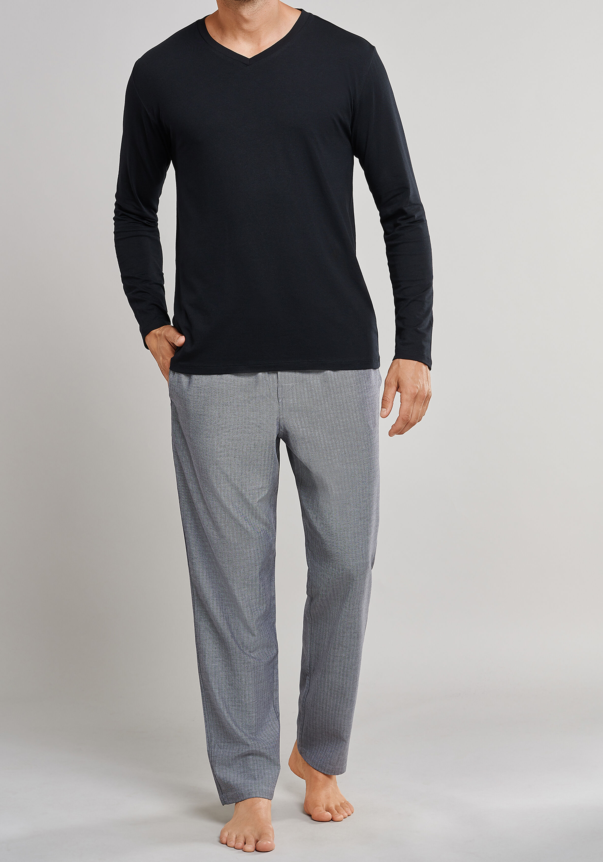 SCHIESSER Mix+Relax lounge broek, lange pijpen, dun niet elastisch, zwart met wit visgraat dessin