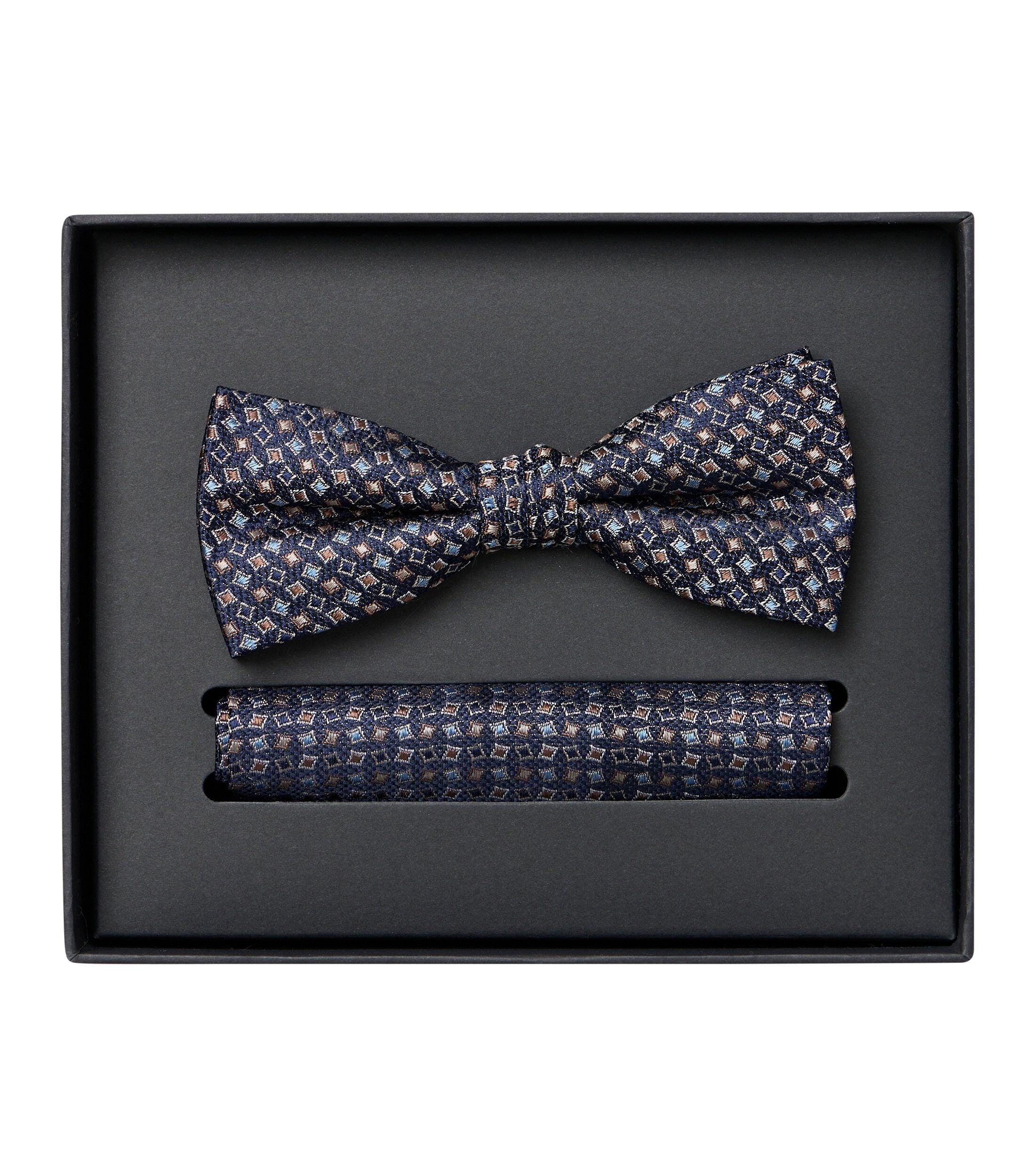 VENTI set met vlinderdas en pochet, donkerblauw, lichtblauw, bruin dessin