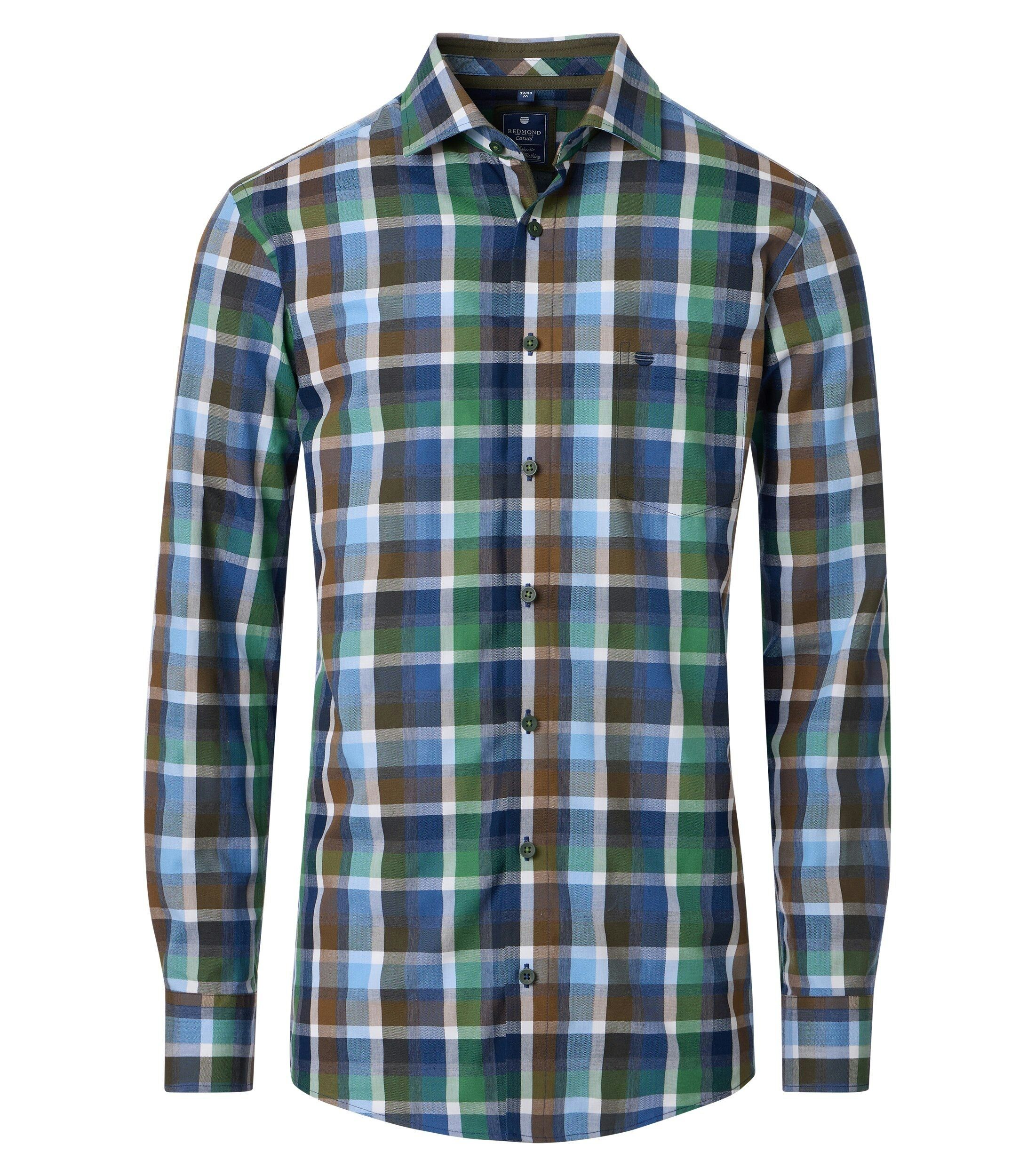 Redmond modern fit overhemd, dobby, groen, blauw, bruin en wit geruit