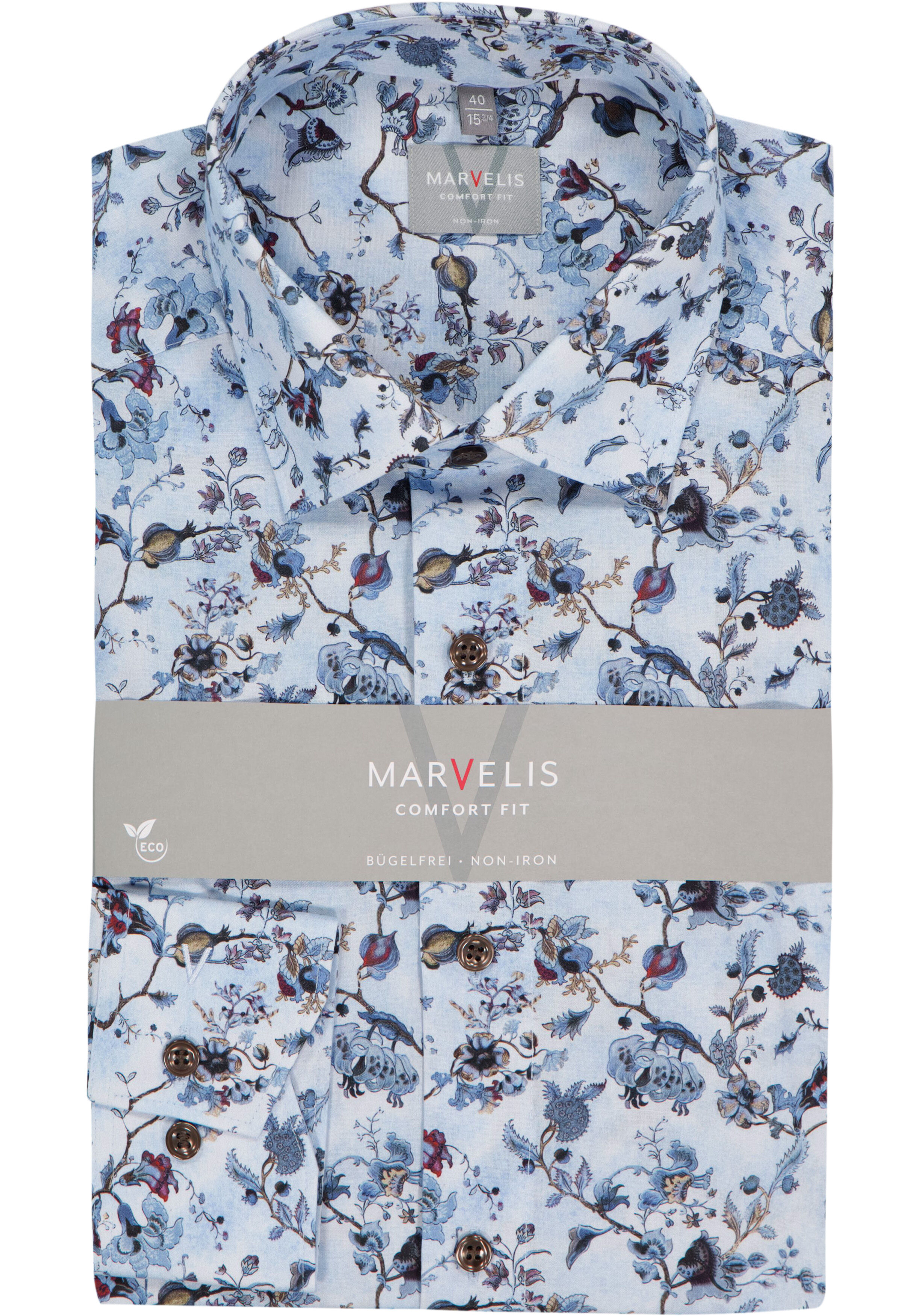 MARVELIS comfort fit overhemd, popeline, lichtblauw met donkerblauw en bordeaux bloemen dessin