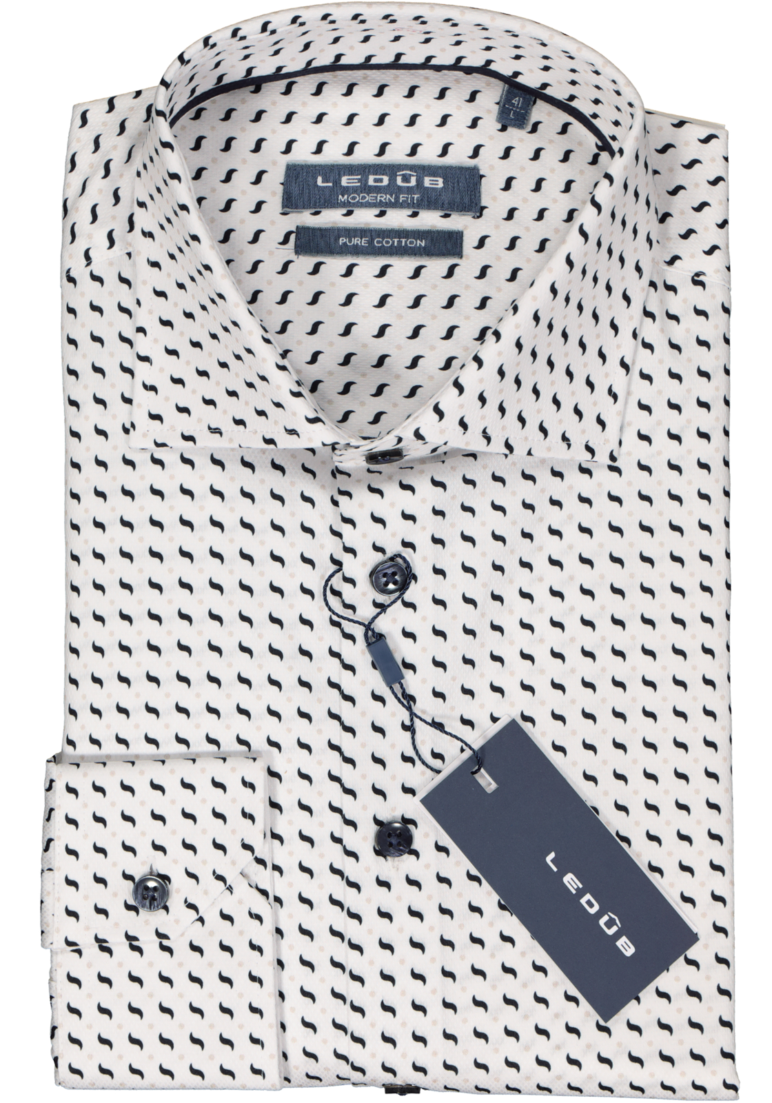 2-8720293954140_Ledub_overhemd_HR Ledub modern fit overhemd, wit met blauw en beige dessin