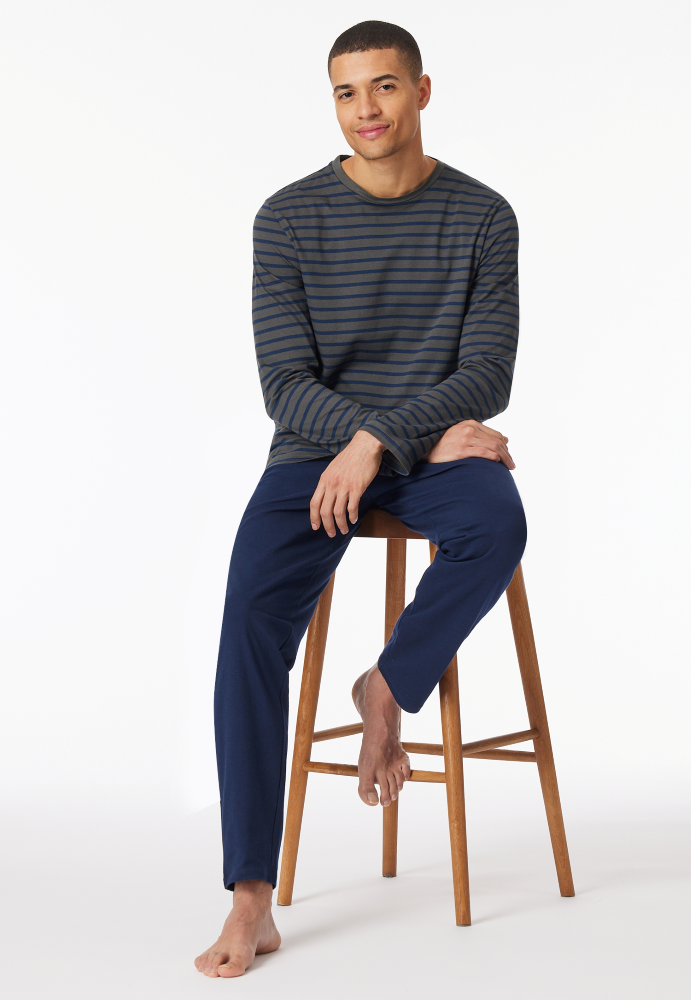 SCHIESSER Cotton Essentials Pyjama lang, heren pyjama set, antraciet gestreept