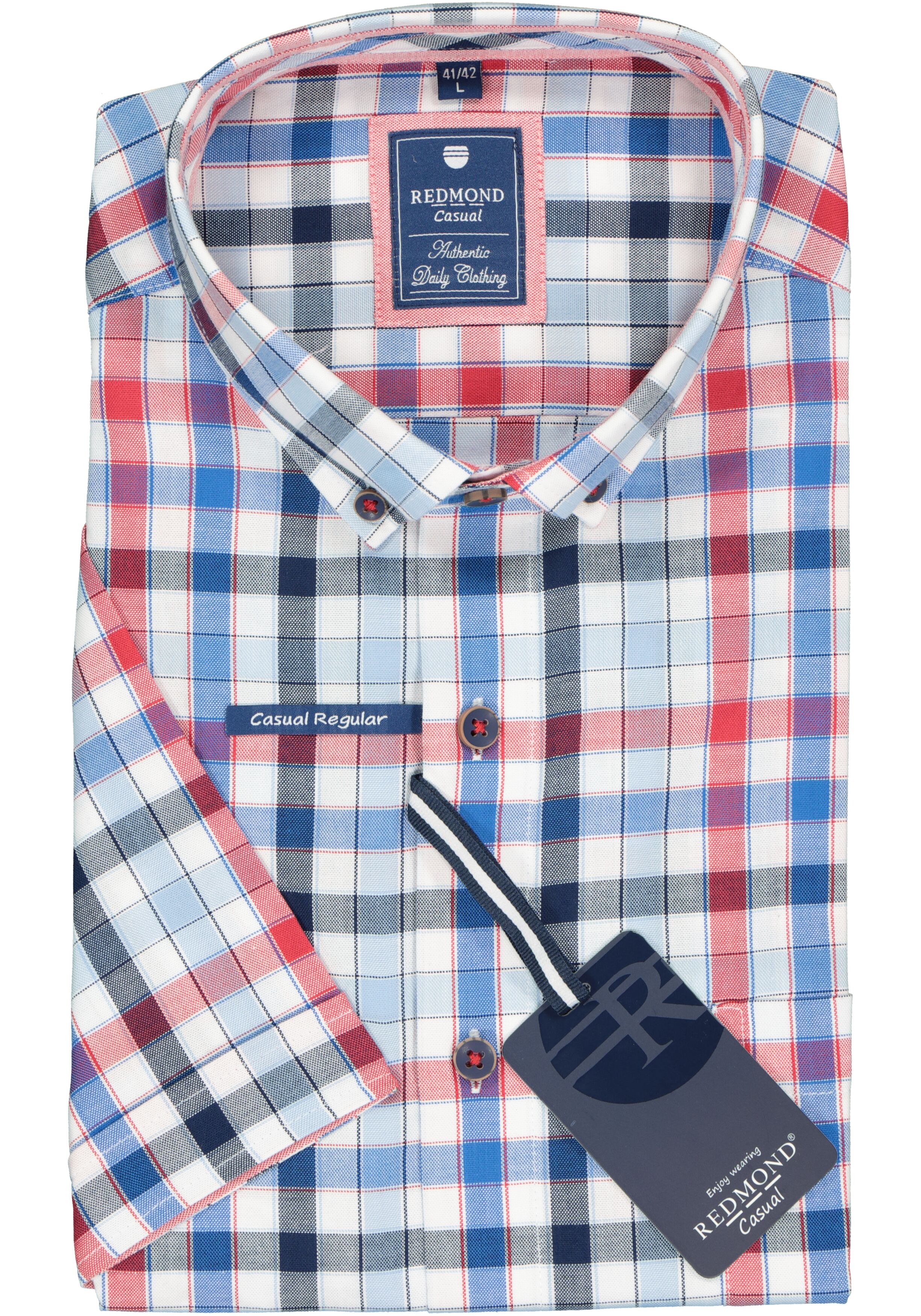 Redmond regular fit overhemd, korte mouw, Oxford, blauw, wit en rood geruit