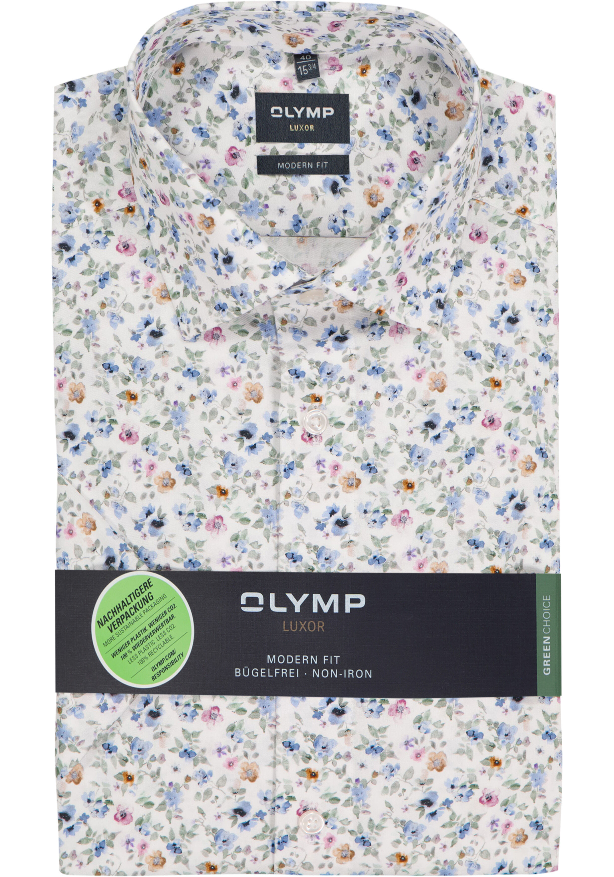 OLYMP Luxor modern fit overhemd, korte mouw, dobby, wit met blauw en roze bloemetjes dessin