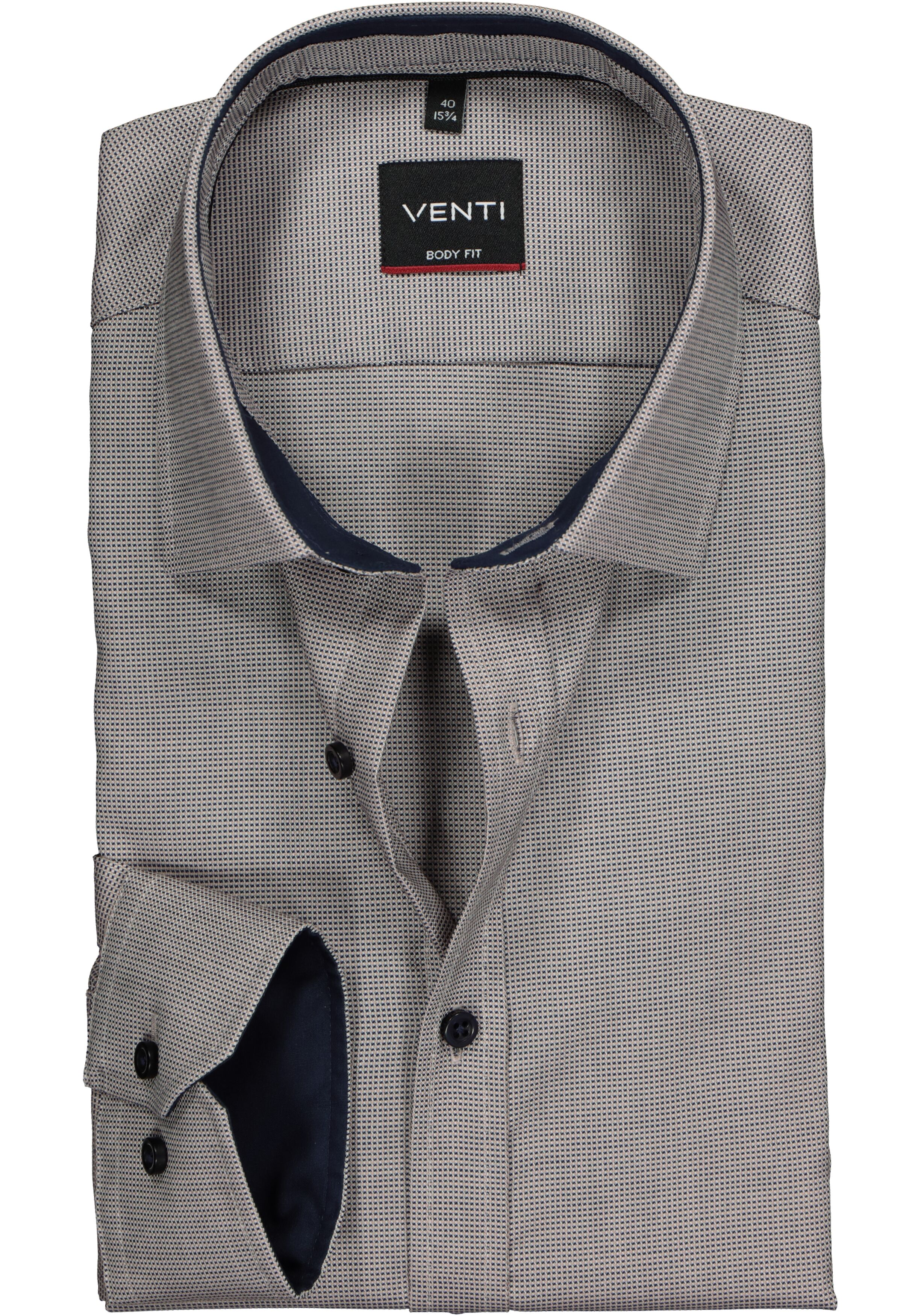 VENTI body fit overhemd, donkerblauw met wit en beige structuur (contrast)