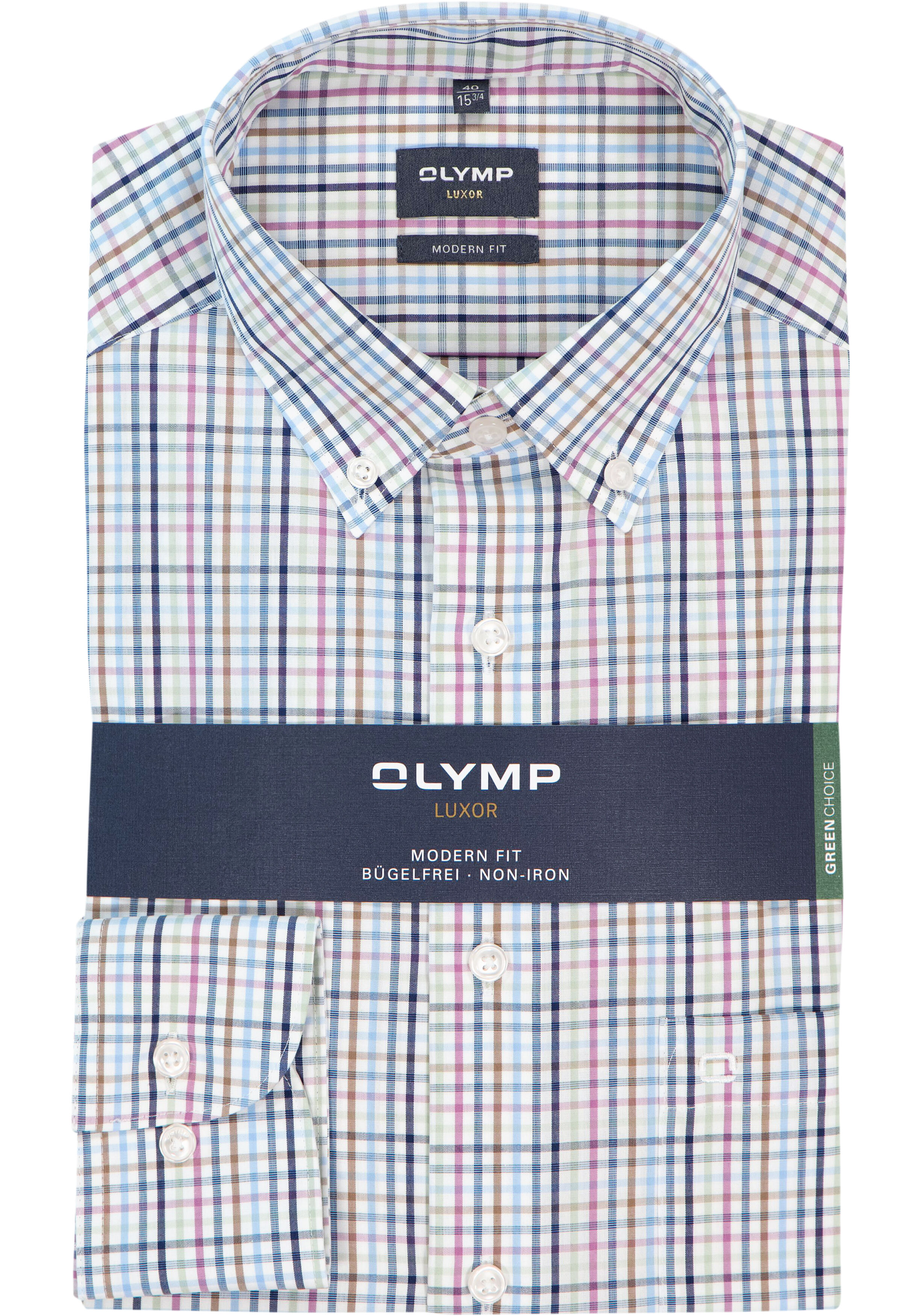 OLYMP Luxor modern fit overhemd, popeline, wit met blauw en bruin geruit