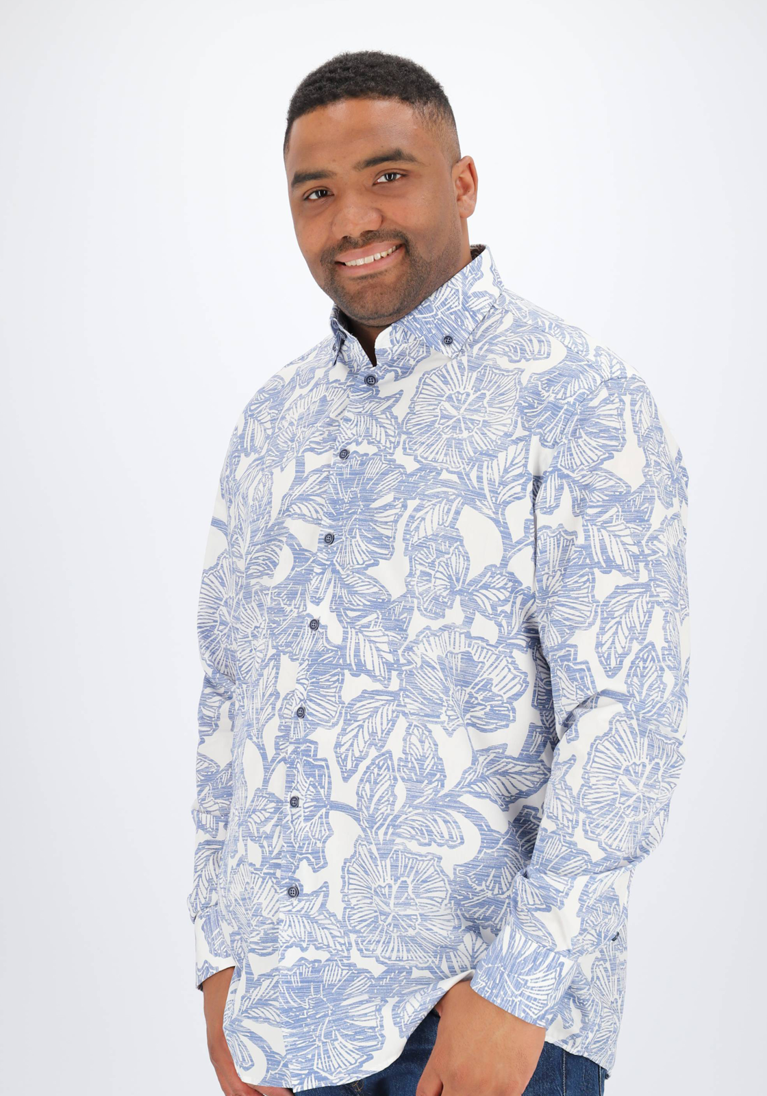 Ledub modern fit overhemd, popeline, middenblauw met wit dessin Ledub modern fit overhemd, popeline, middenblauw met wit dessin