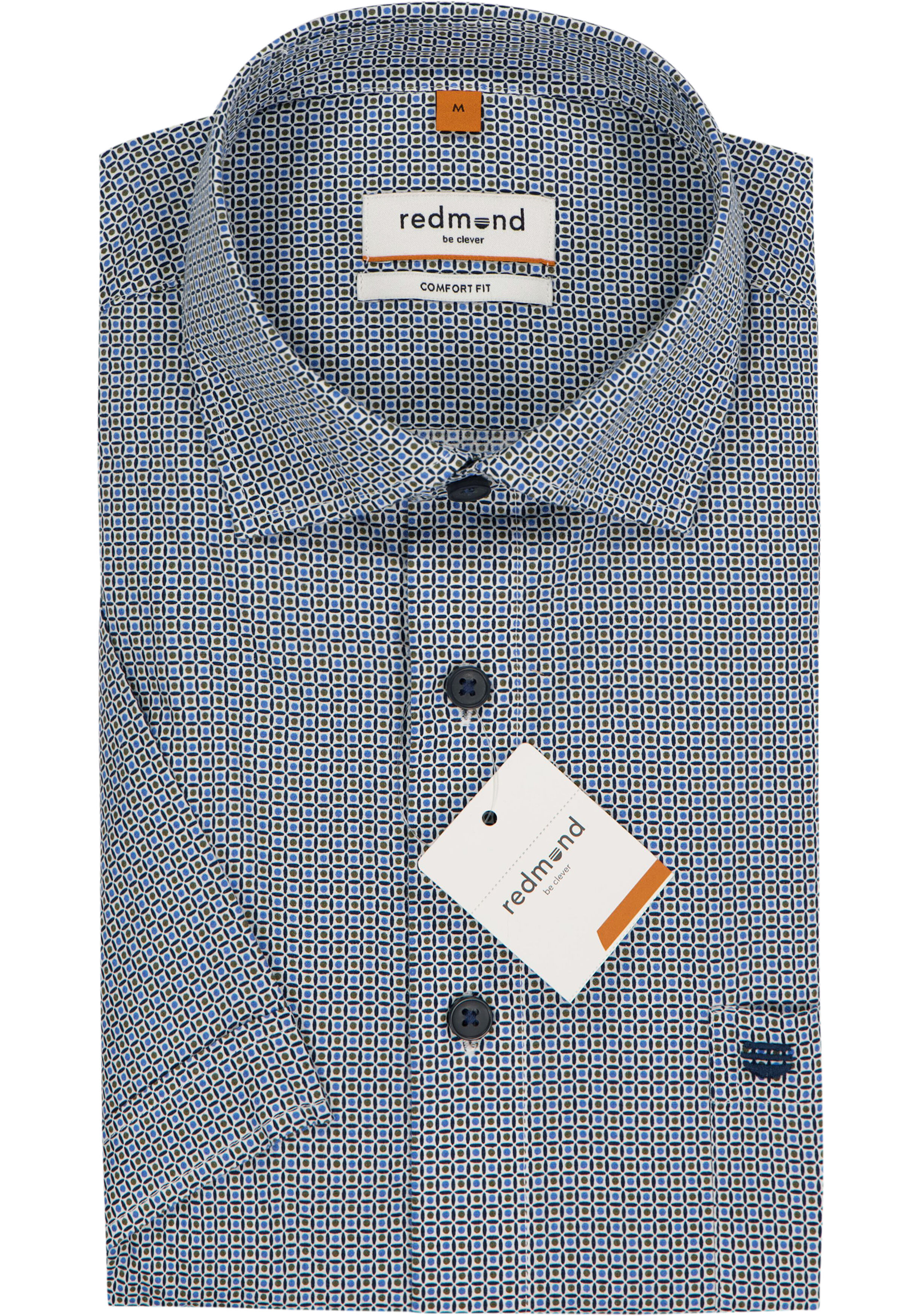 Redmond comfort fit overhemd, korte mouw, popeline, blauw met bruin en wit dessin