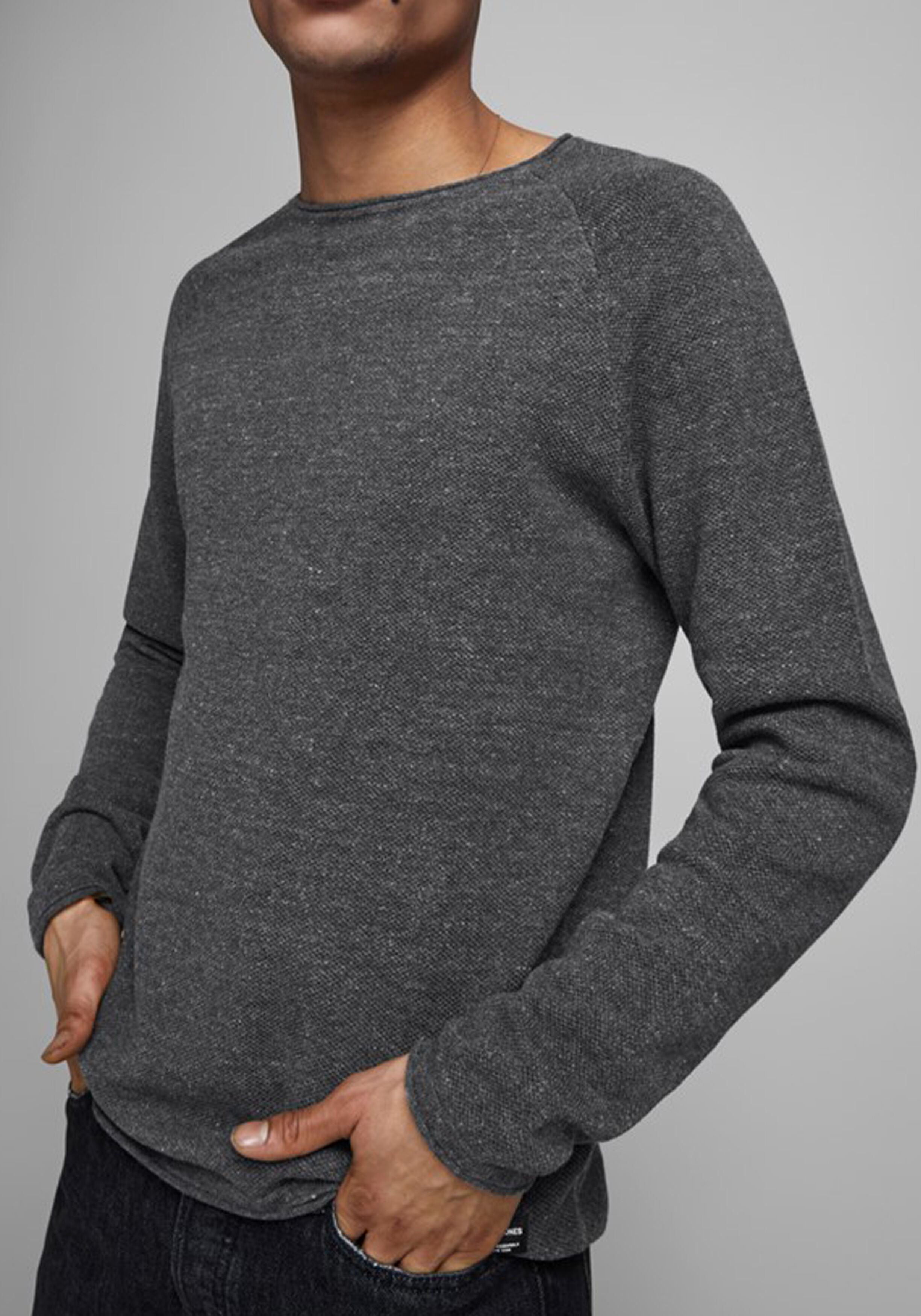JACK & JONES slim fit trui katoen, O-hals, antraciet grijs melange 