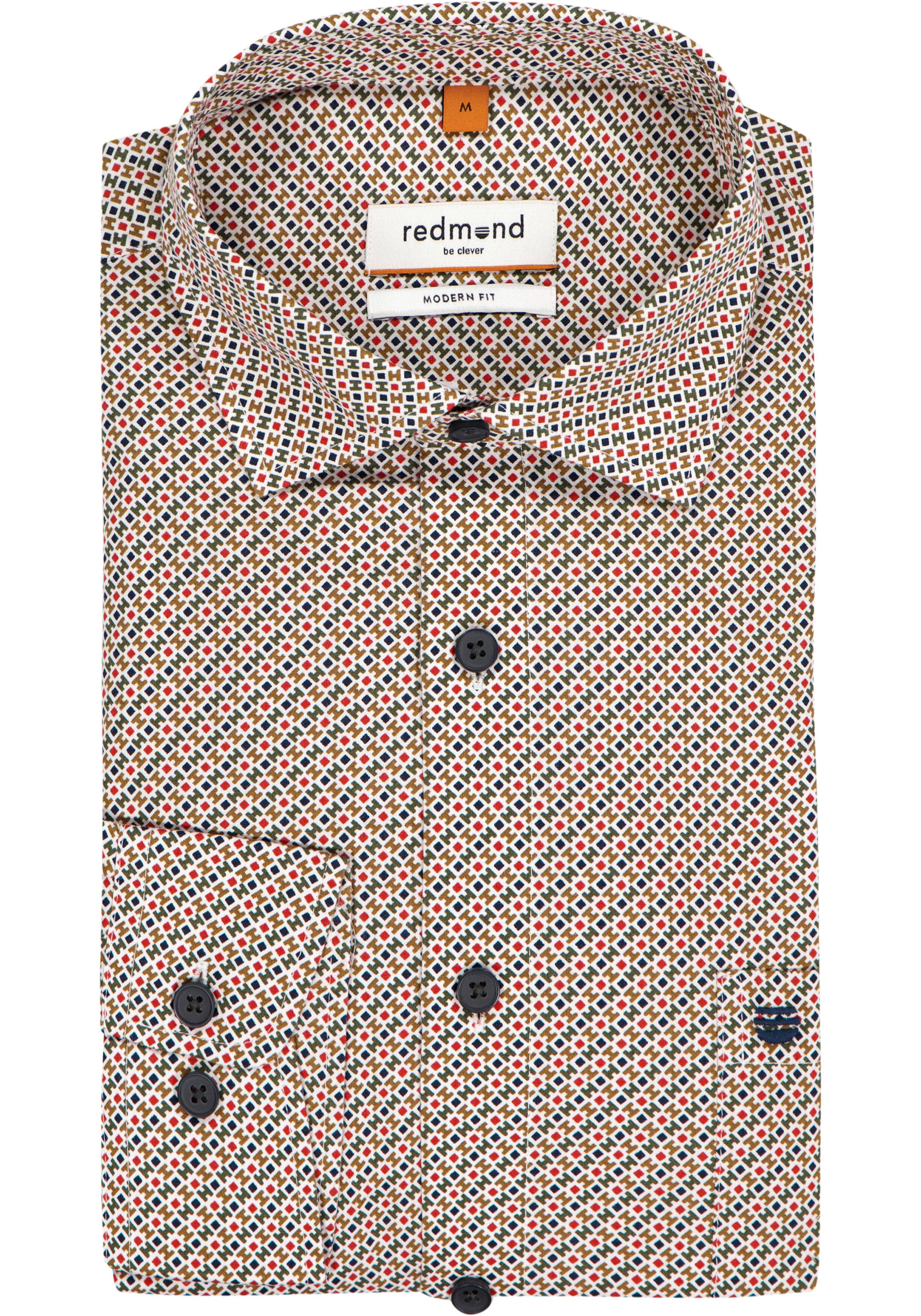 Redmond modern fit overhemd, popeline, blauw met olijfgroen, rood en wit dessin